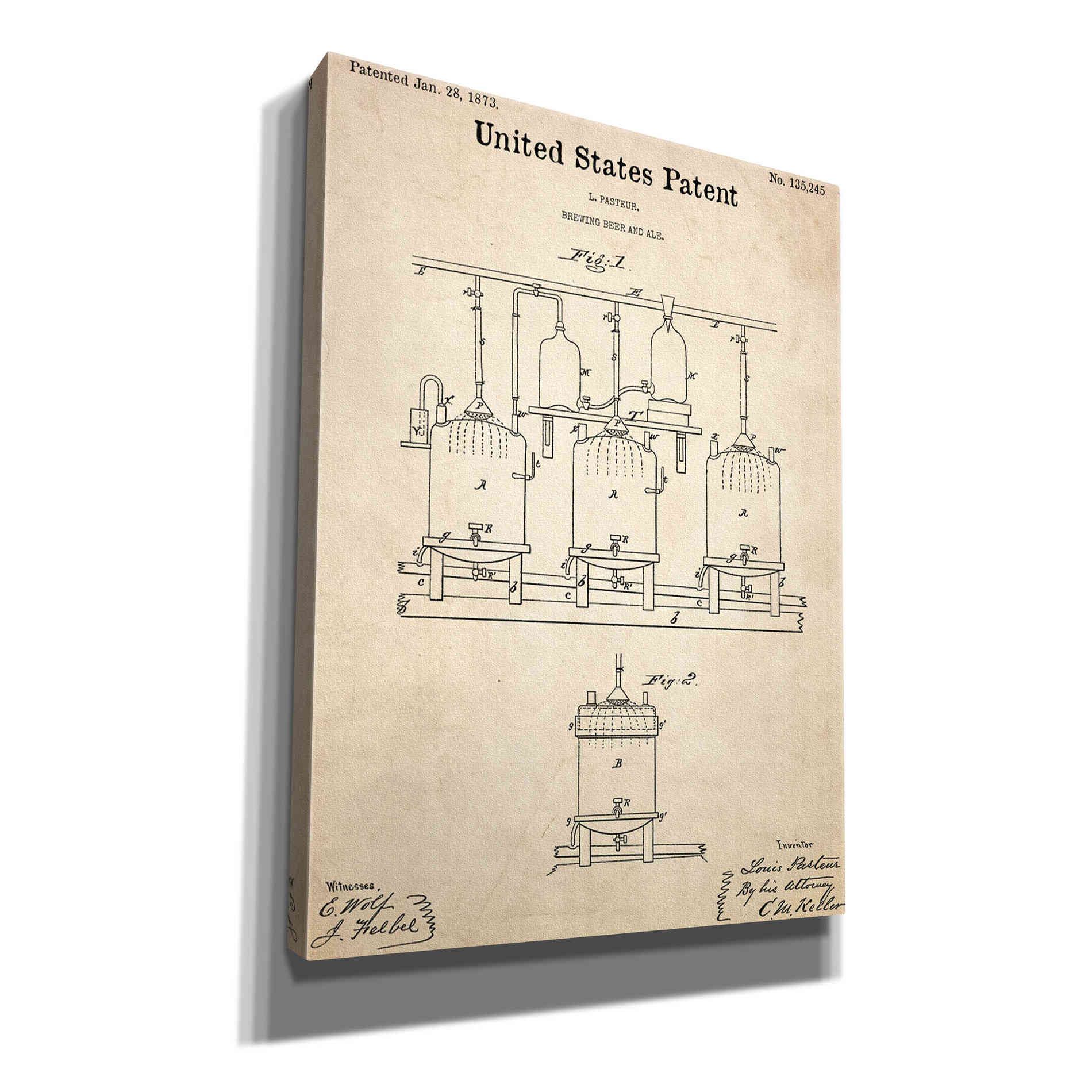 'Brewing Beer and Ale Blueprint Patent Parchment,' Canvas Wall Art,12x16x1.1x0,18x26x1.1x0,26x34x1.74x0,40x54x1.74x0
