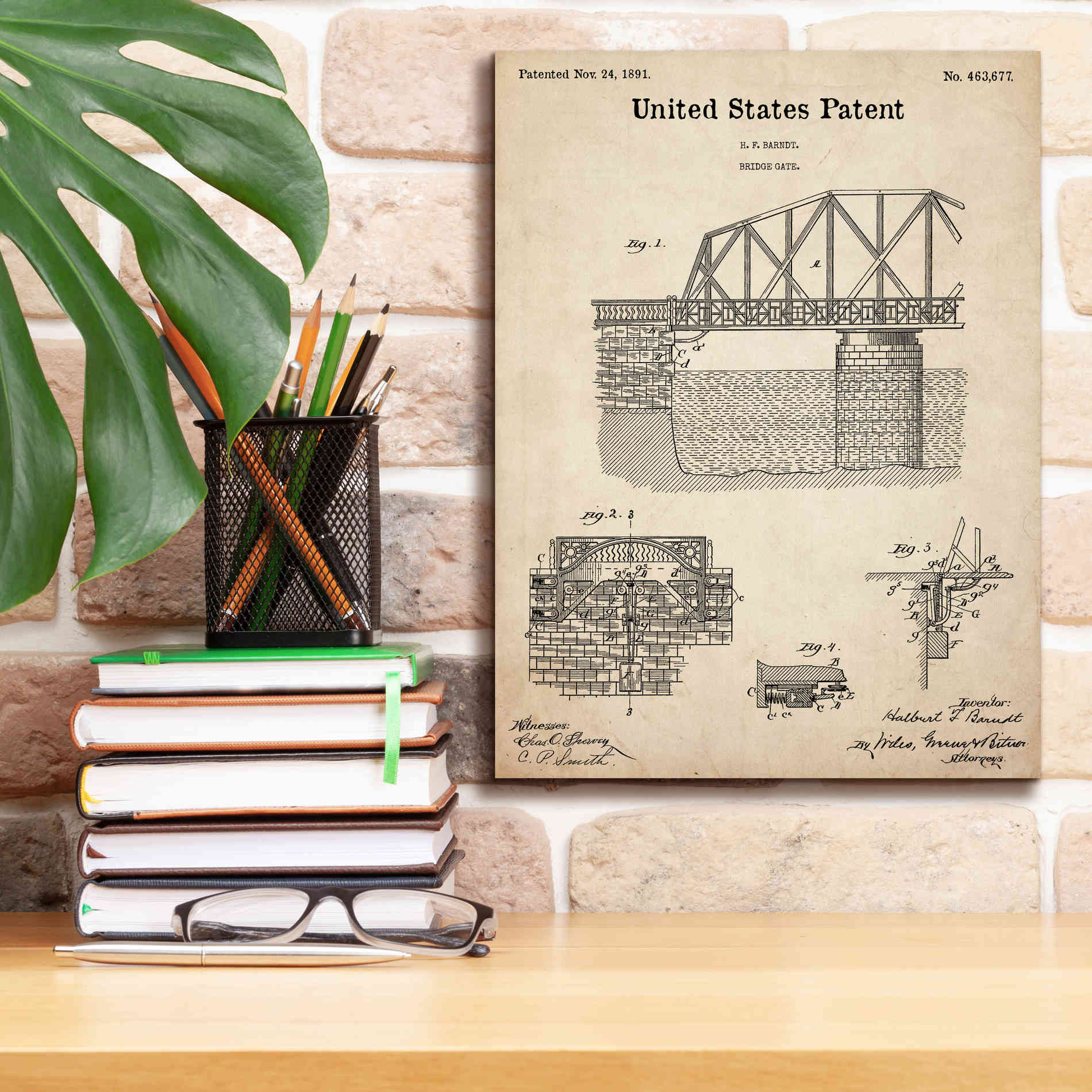 'Bridge Gate Blueprint Patent Parchment,' Canvas Wall Art,12 x 16