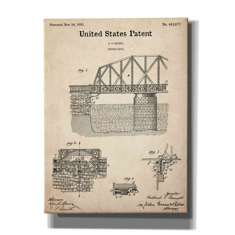 Image of 'Bridge Gate Blueprint Patent Parchment,' Canvas Wall Art,12x16x1.1x0,18x26x1.1x0,26x34x1.74x0,40x54x1.74x0