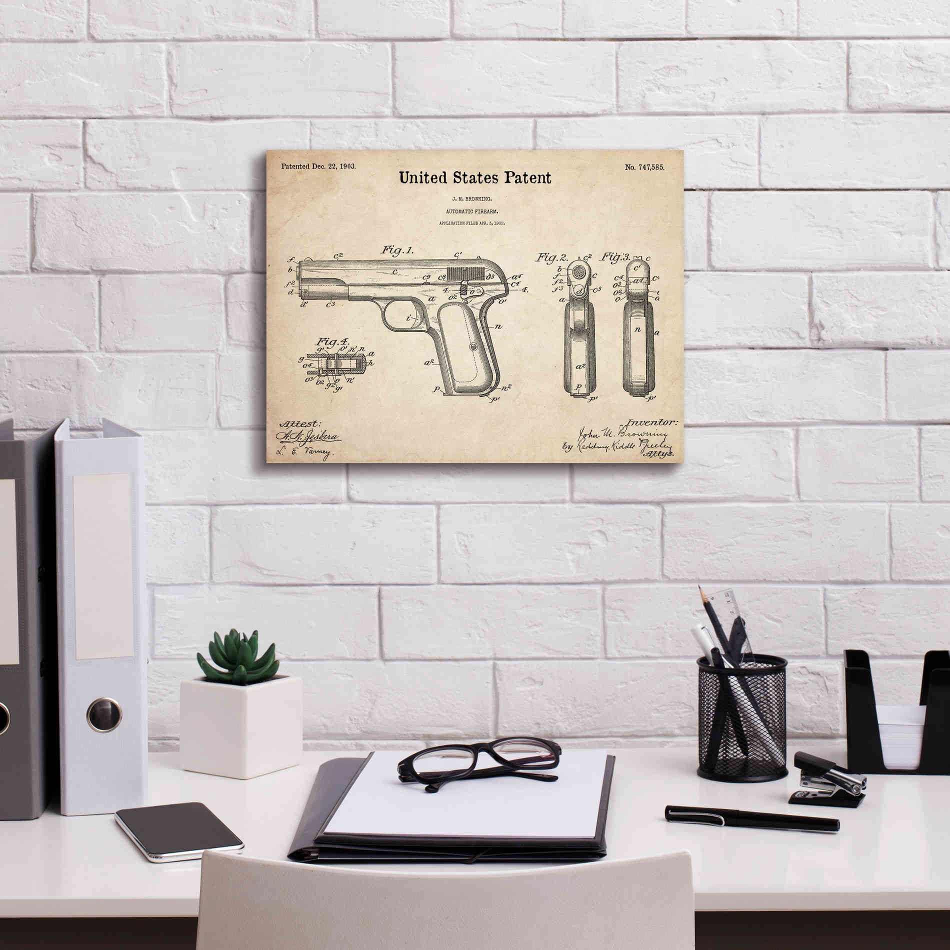 'Pistol Blueprint Patent Parchment,' Canvas Wall Art,16 x 12