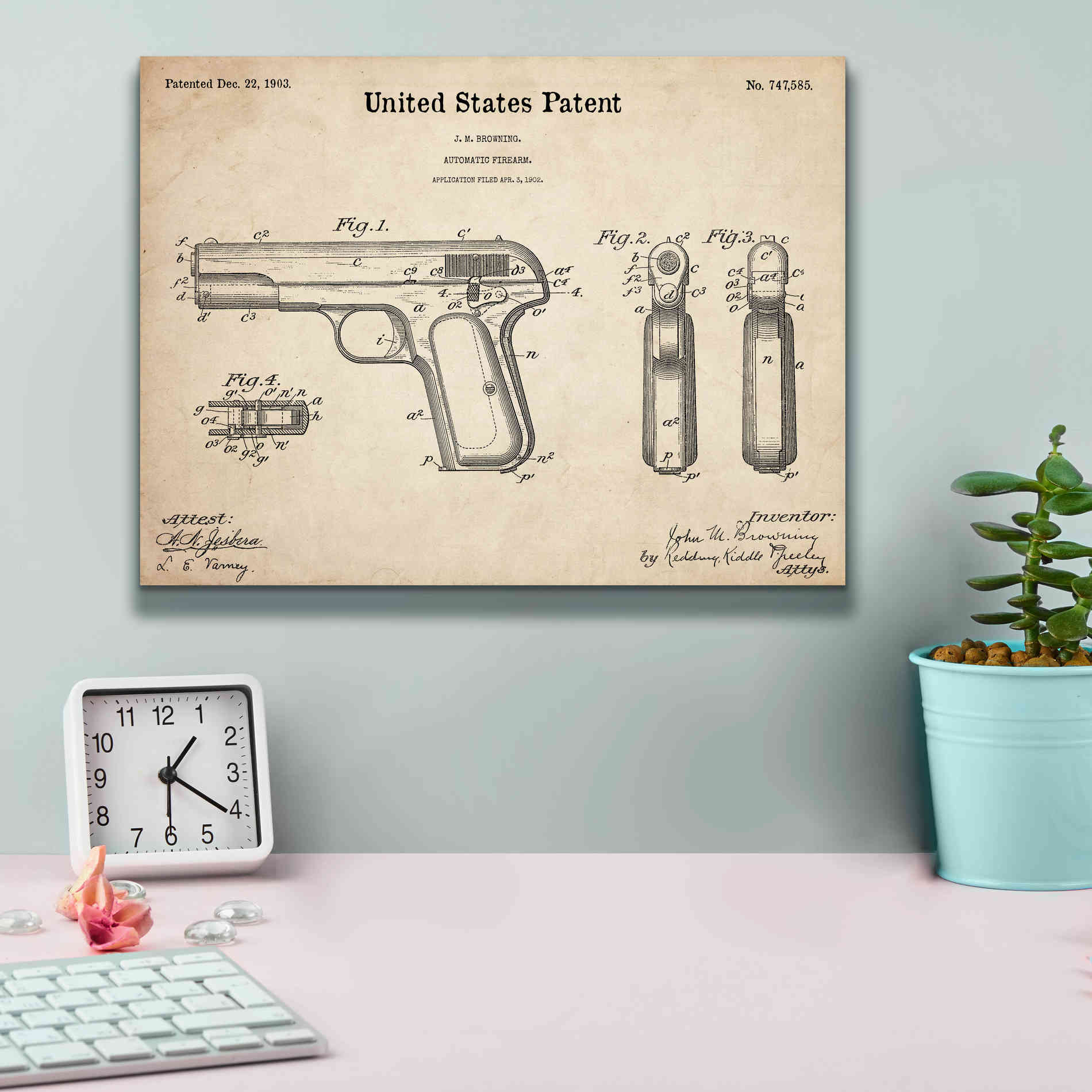 'Pistol Blueprint Patent Parchment,' Canvas Wall Art,16 x 12