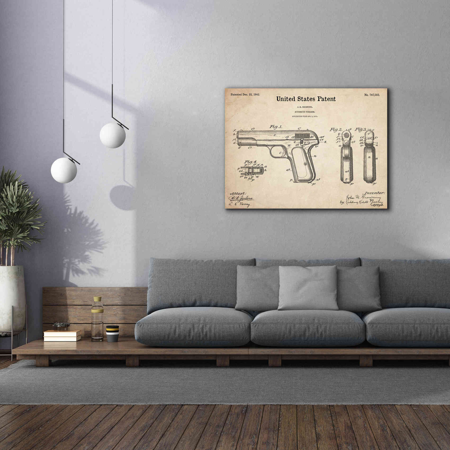 'Pistol Blueprint Patent Parchment,' Canvas Wall Art,54 x 40