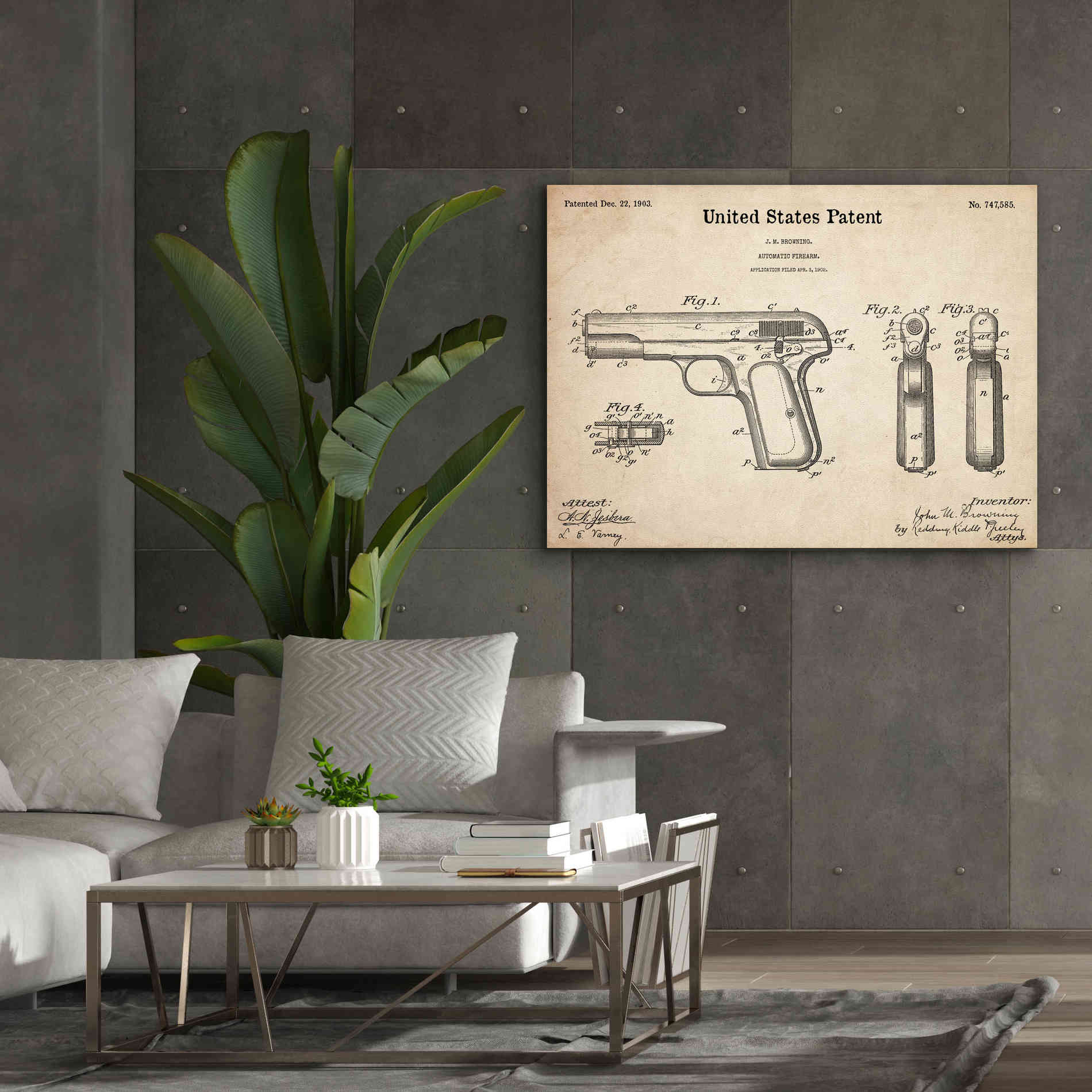 'Pistol Blueprint Patent Parchment,' Canvas Wall Art,54 x 40
