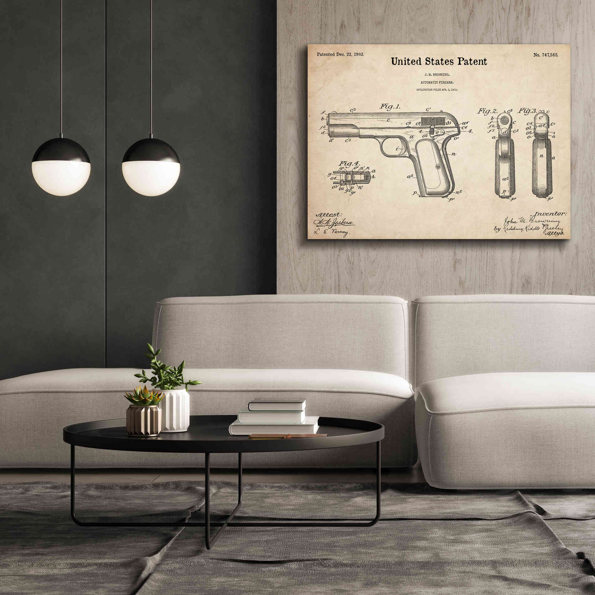 'Pistol Blueprint Patent Parchment,' Canvas Wall Art,54 x 40