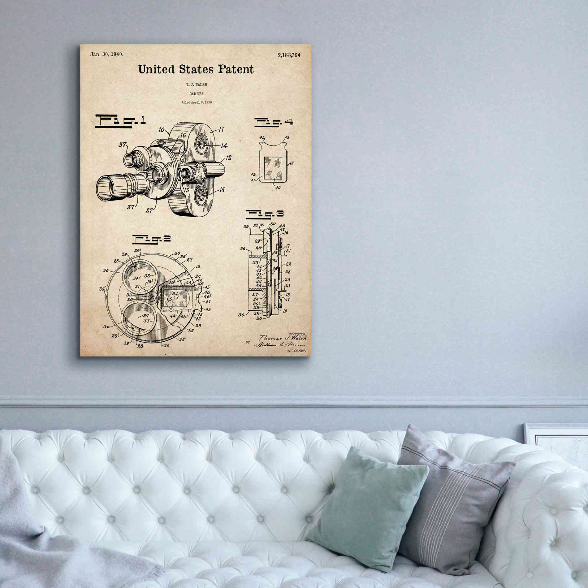 'Film Camera Blueprint Patent Parchment,' Canvas Wall Art,40 x 54