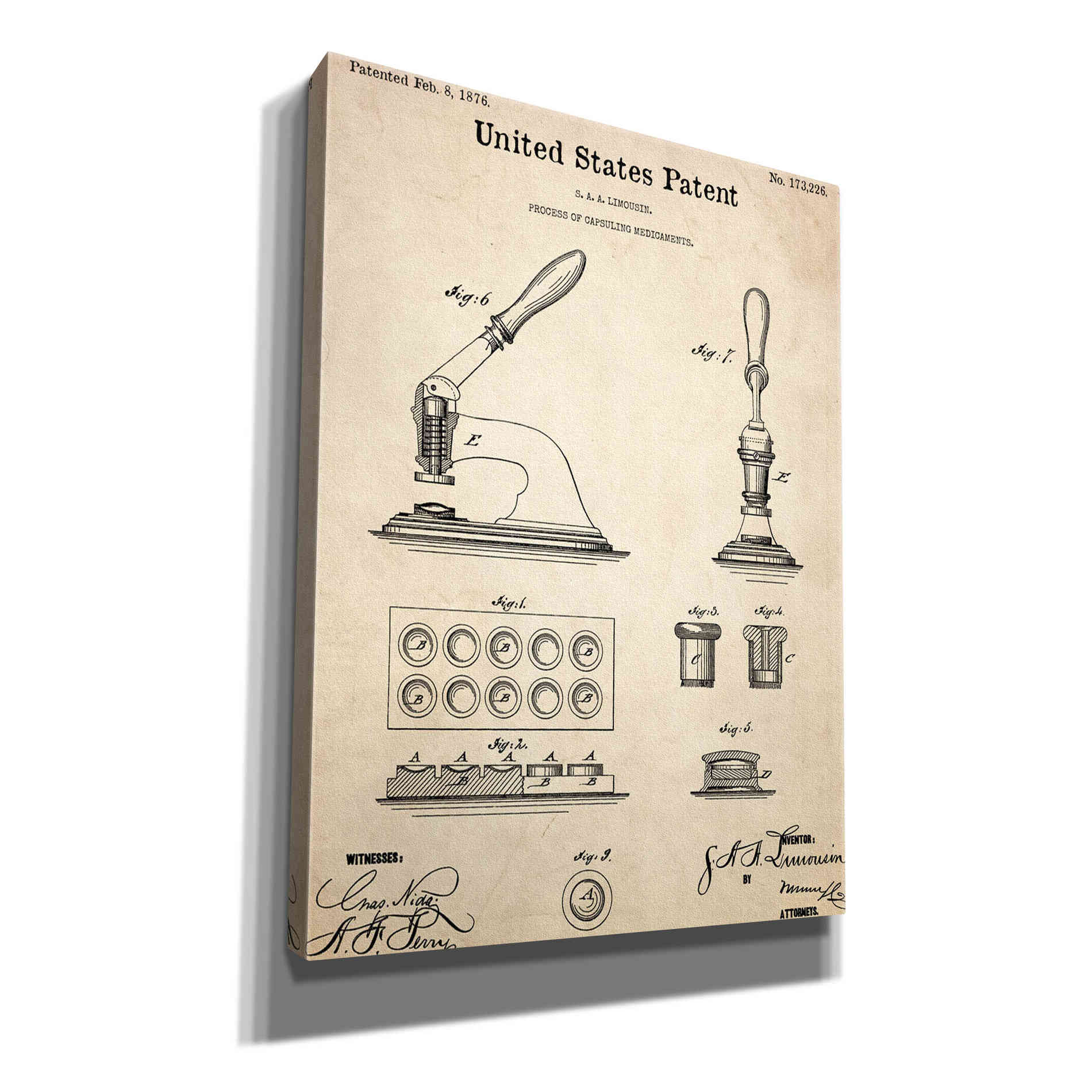 'Capsuling Medicine Blueprint Patent Parchment,' Canvas Wall Art,12x16x1.1x0,18x26x1.1x0,26x34x1.74x0,40x54x1.74x0