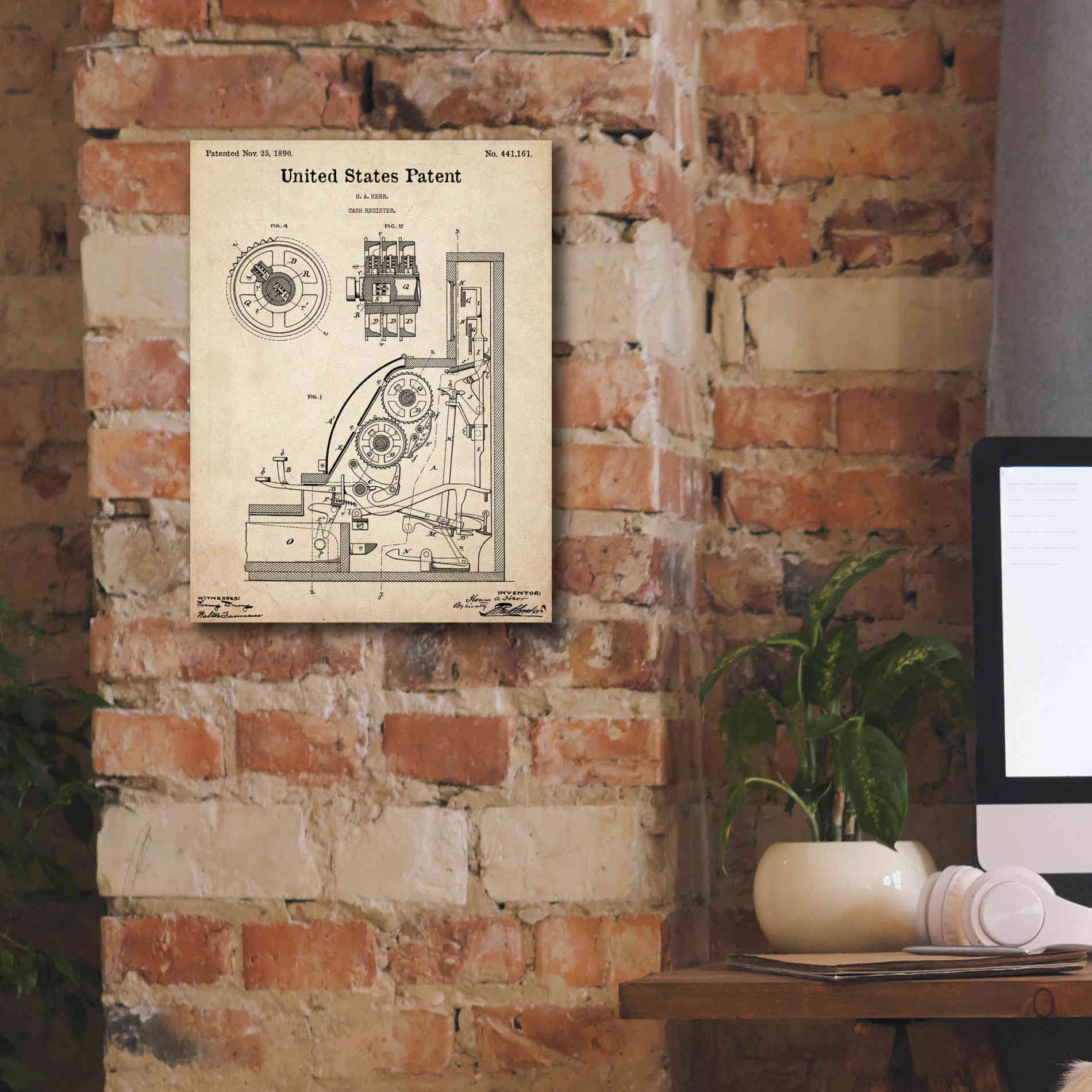 'Cash Register Blueprint Patent Parchment,' Canvas Wall Art,12 x 16