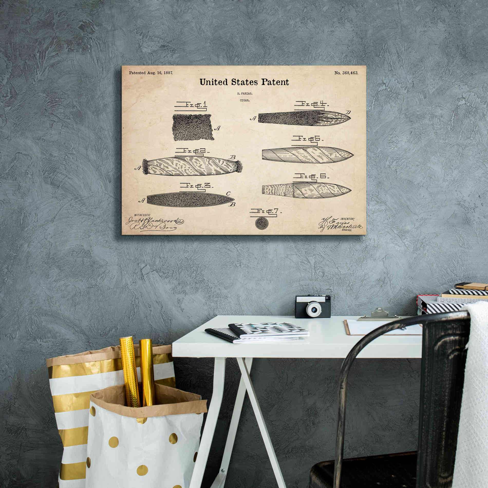 'Cigar Blueprint Patent Parchment,' Canvas Wall Art,26 x 18