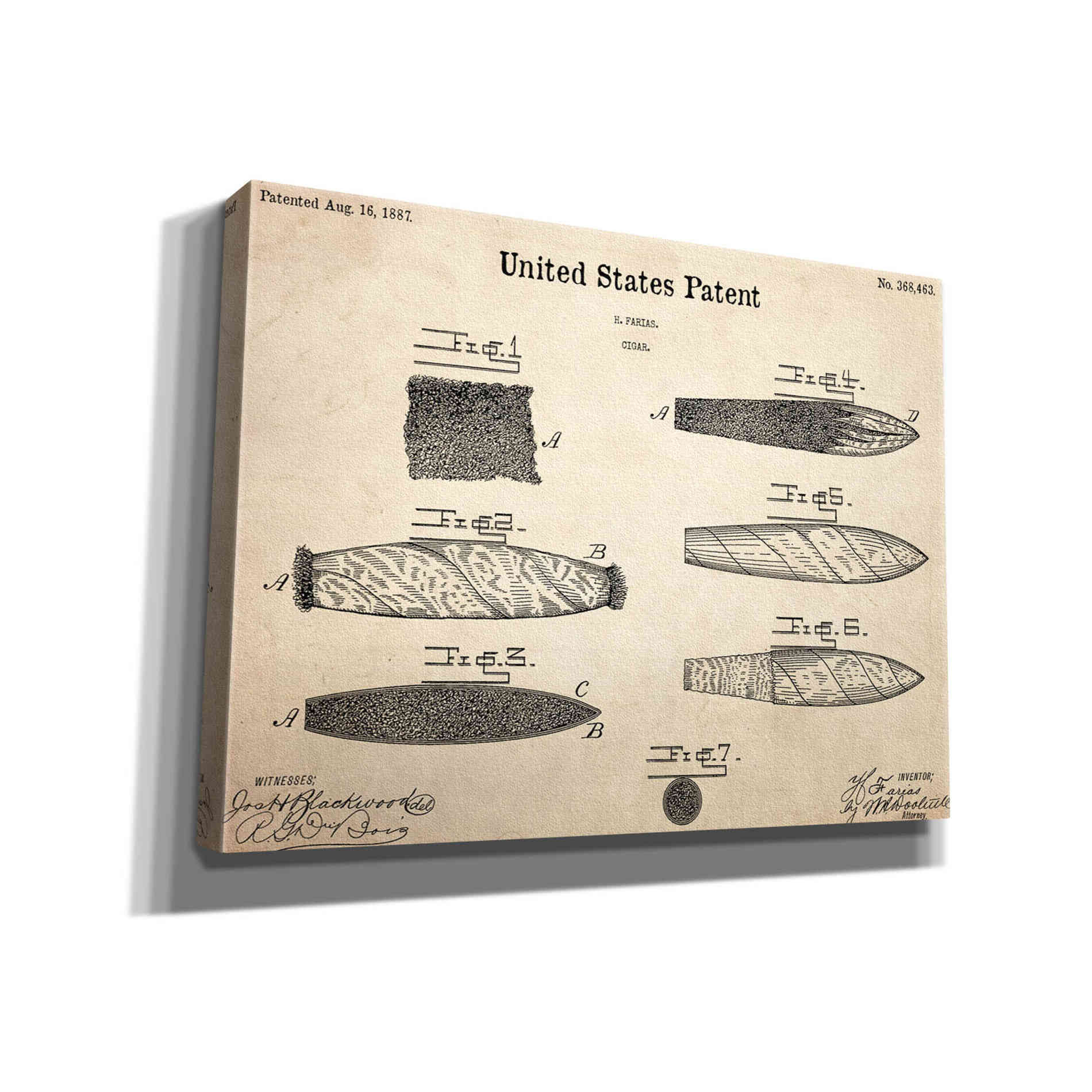 'Cigar Blueprint Patent Parchment,' Canvas Wall Art,16x12x1.1x0,26x18x1.1x0,34x26x1.74x0,54x40x1.74x0
