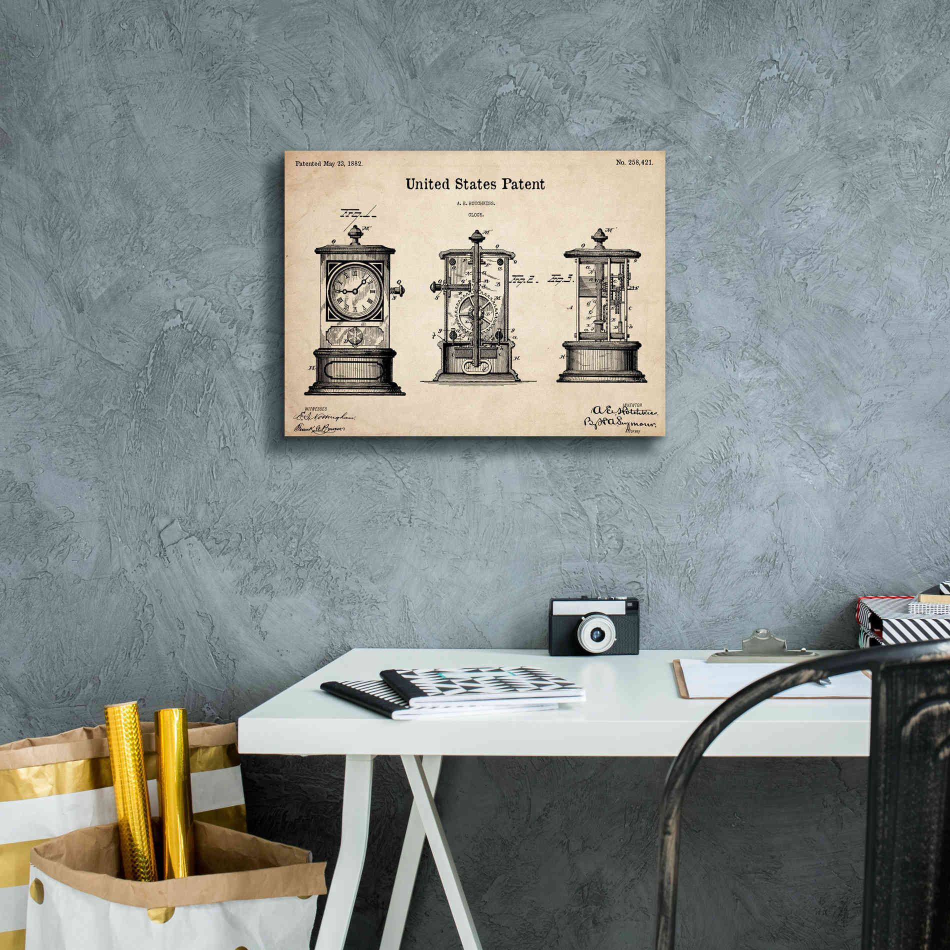 'Clock Blueprint Patent Parchment,' Canvas Wall Art,16 x 12
