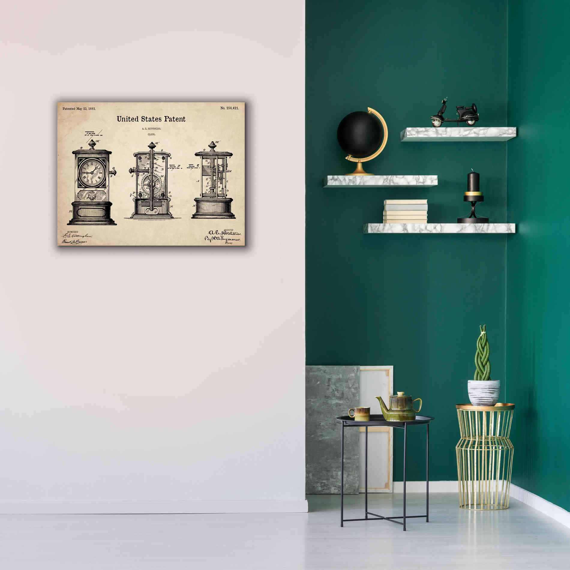 'Clock Blueprint Patent Parchment,' Canvas Wall Art,34 x 26