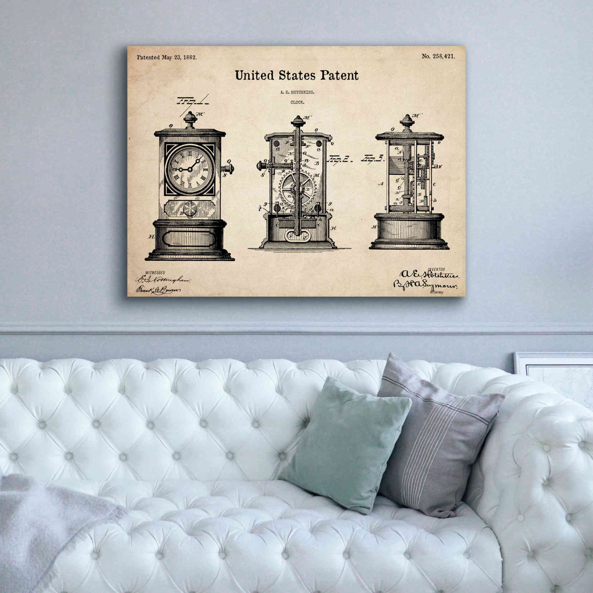 'Clock Blueprint Patent Parchment,' Canvas Wall Art,54 x 40