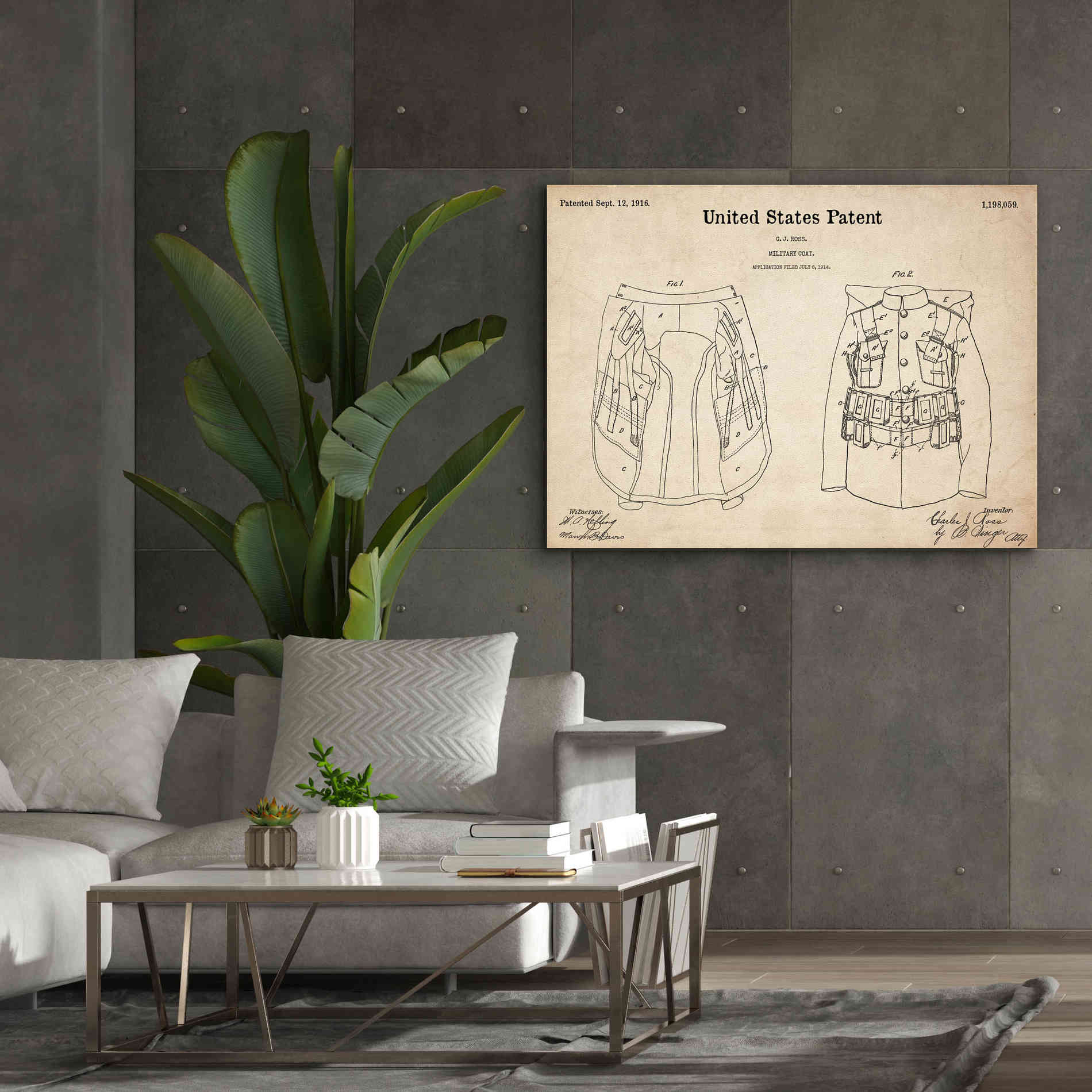 'Military Coat Blueprint Patent Parchment,' Canvas Wall Art,54 x 40
