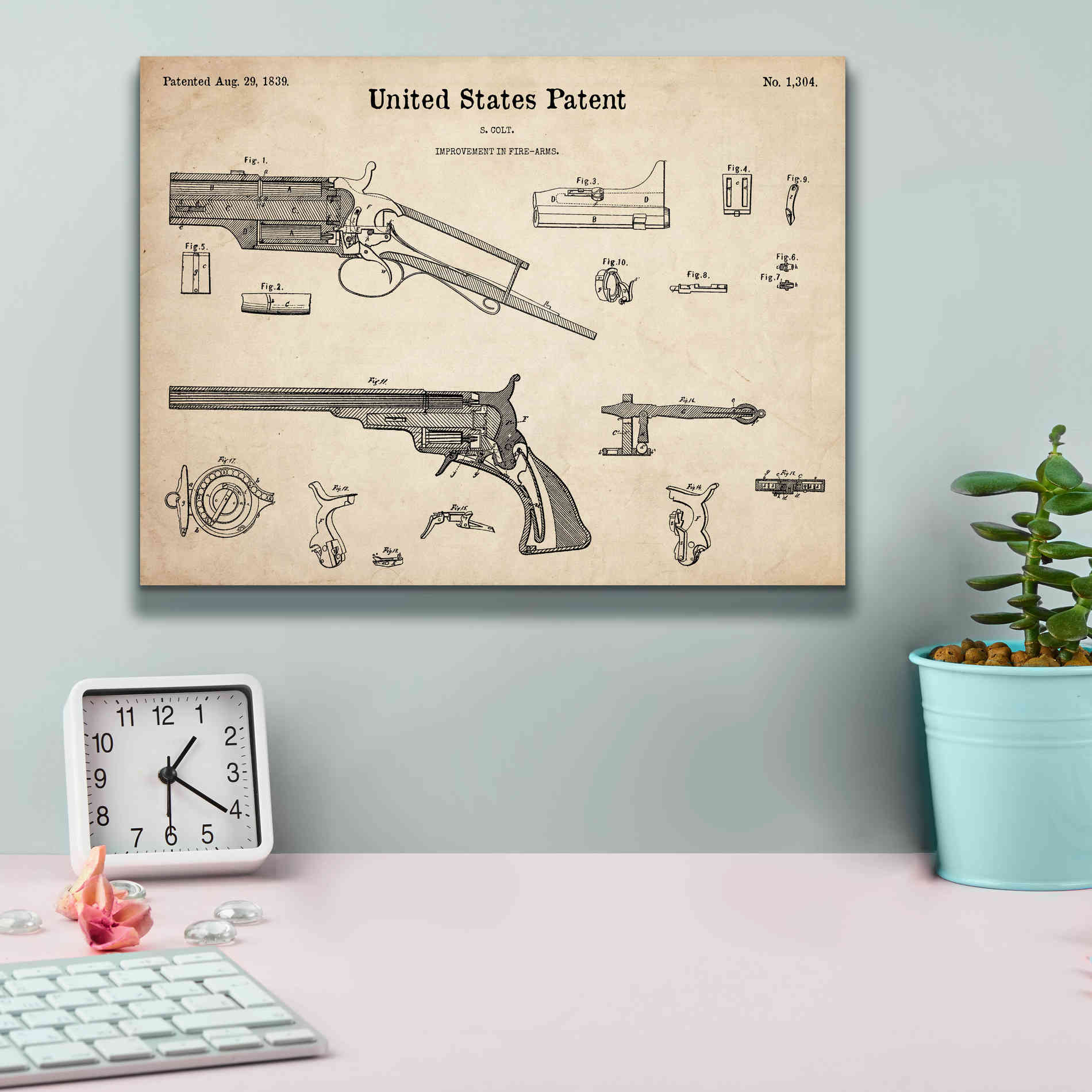 'Colt Revolver Blueprint Patent Parchment,' Canvas Wall Art,16 x 12