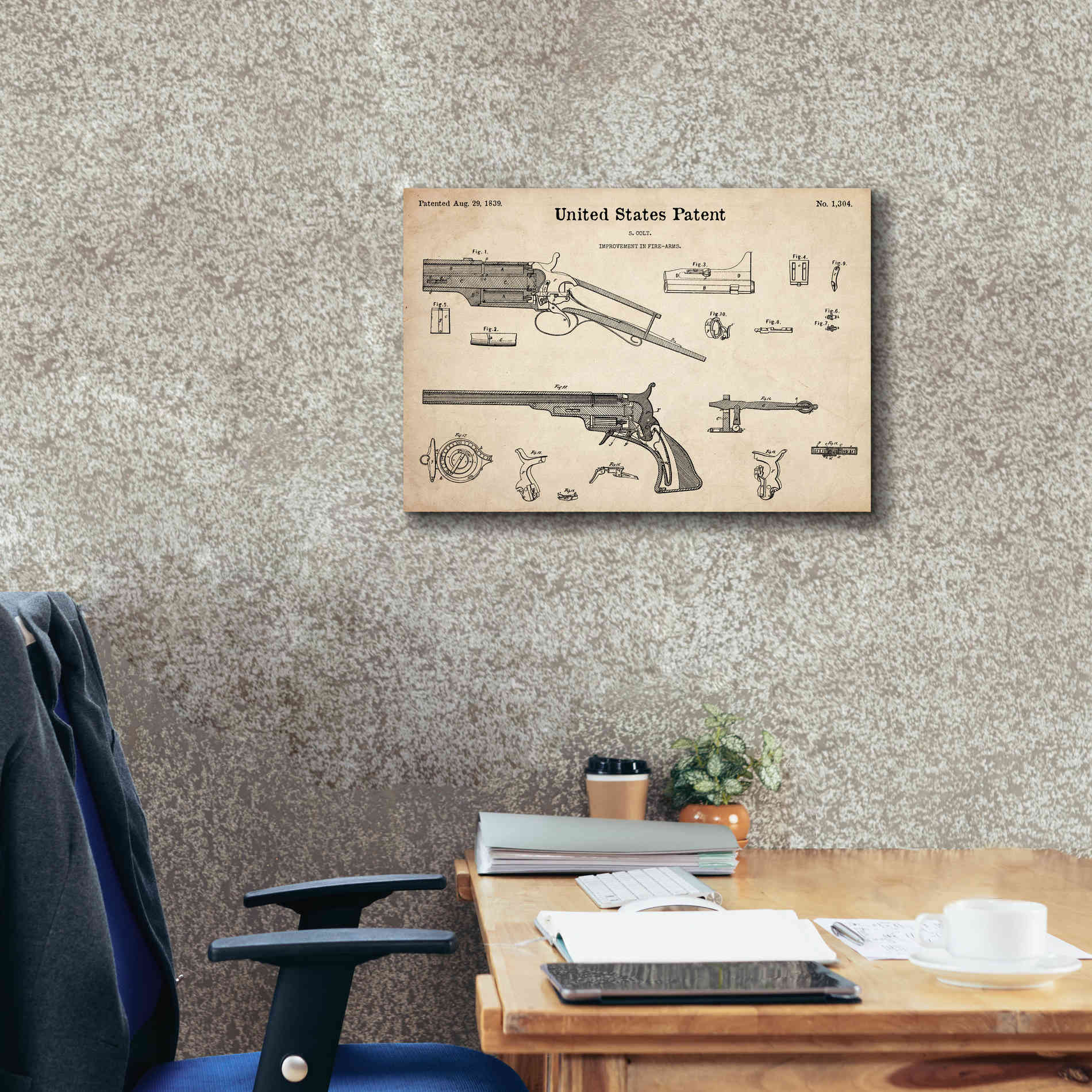 'Colt Revolver Blueprint Patent Parchment,' Canvas Wall Art,26 x 18