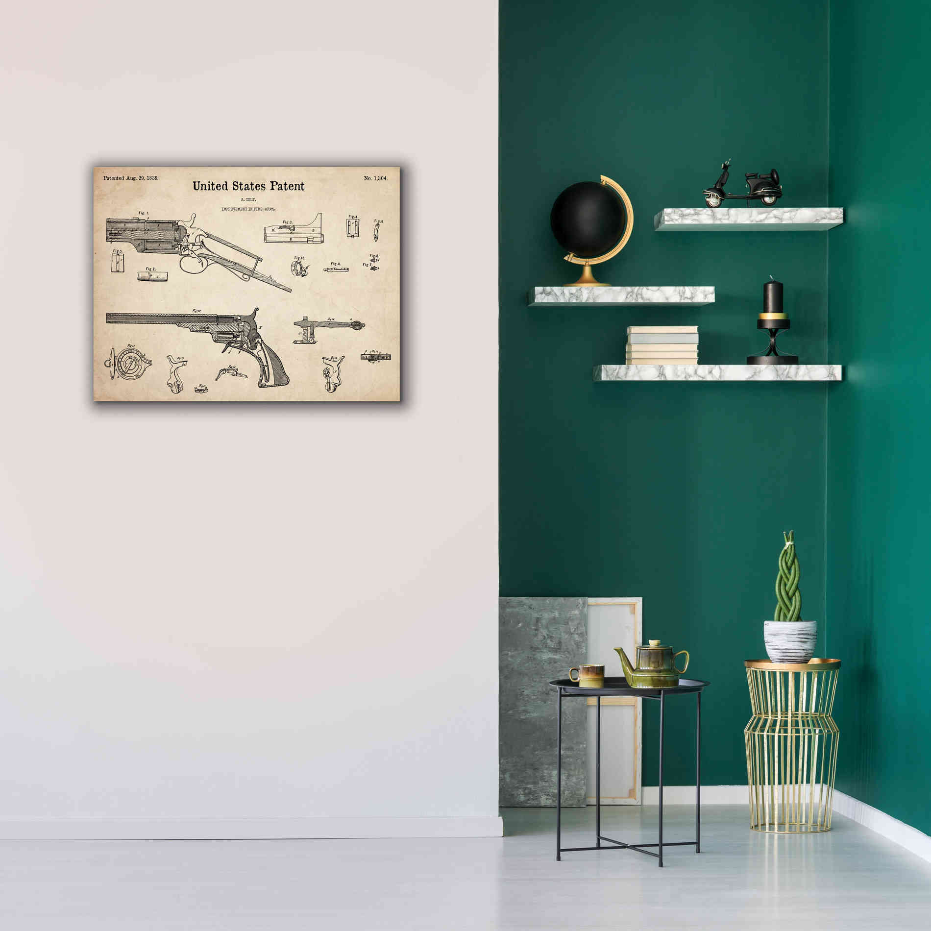 'Colt Revolver Blueprint Patent Parchment,' Canvas Wall Art,34 x 26