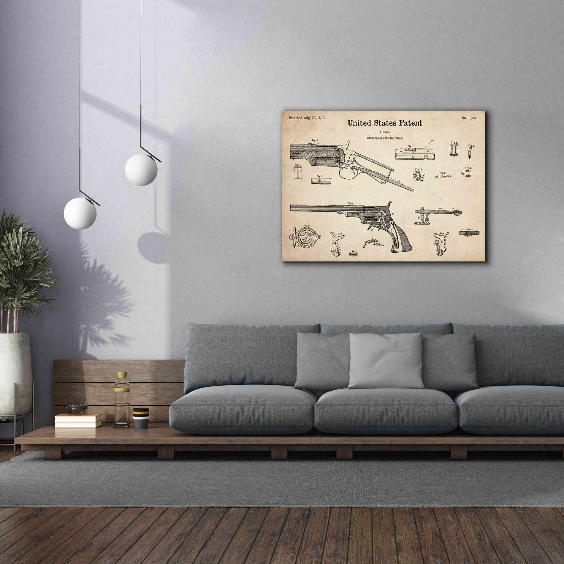 'Colt Revolver Blueprint Patent Parchment,' Canvas Wall Art,54 x 40
