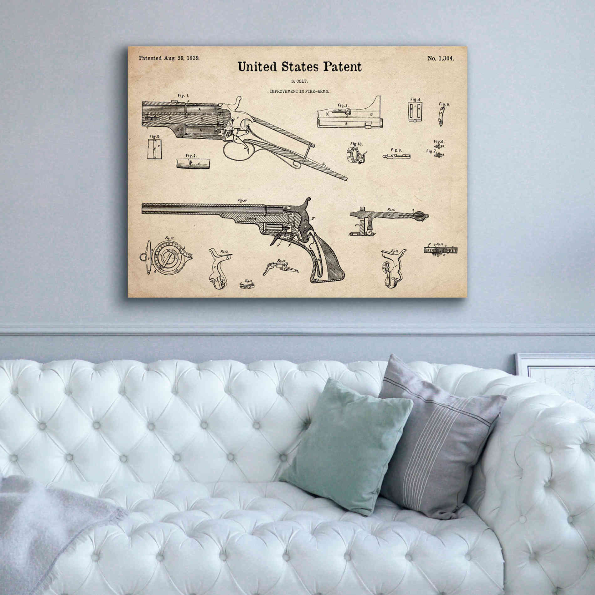 'Colt Revolver Blueprint Patent Parchment,' Canvas Wall Art,54 x 40