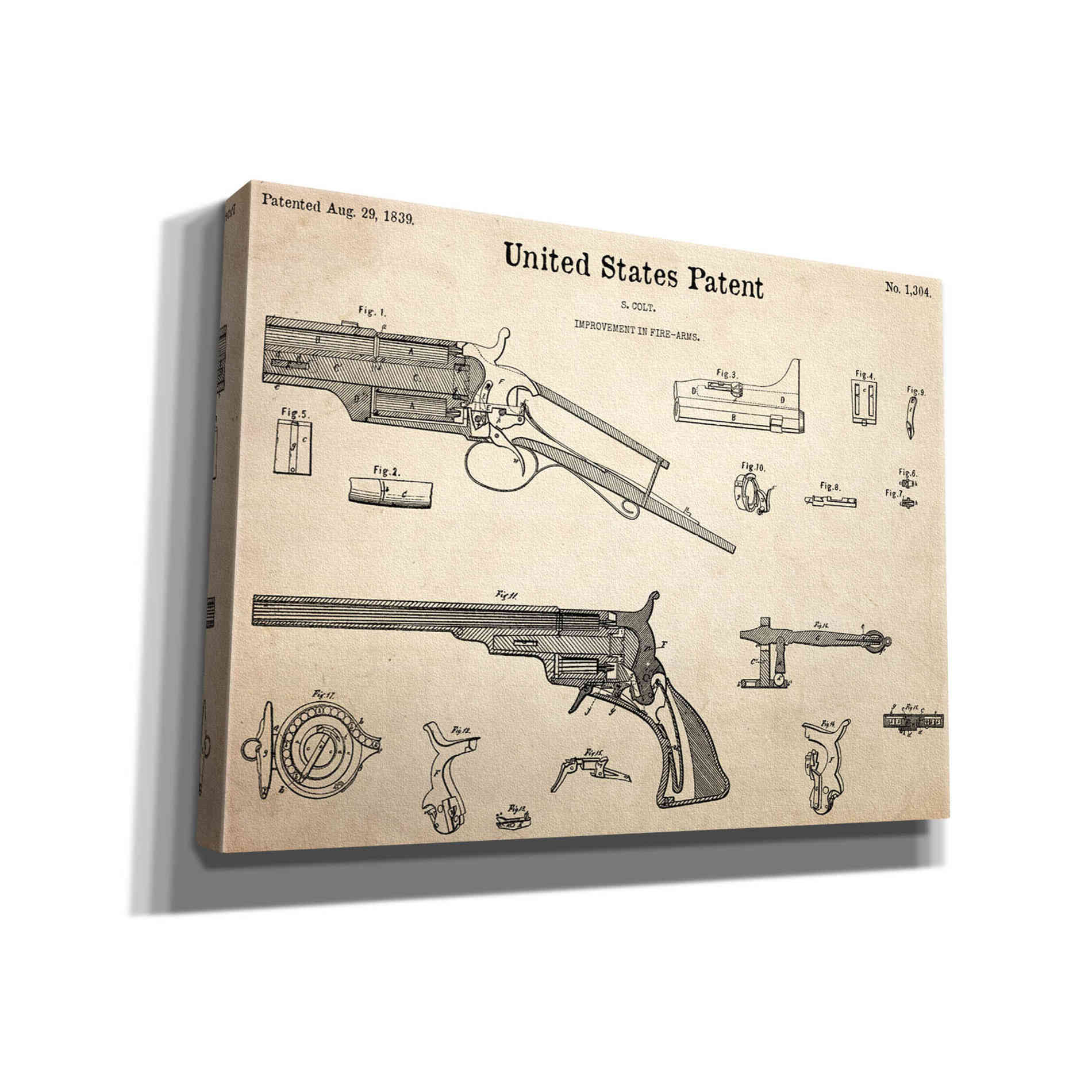 'Colt Revolver Blueprint Patent Parchment,' Canvas Wall Art,16x12x1.1x0,26x18x1.1x0,34x26x1.74x0,54x40x1.74x0