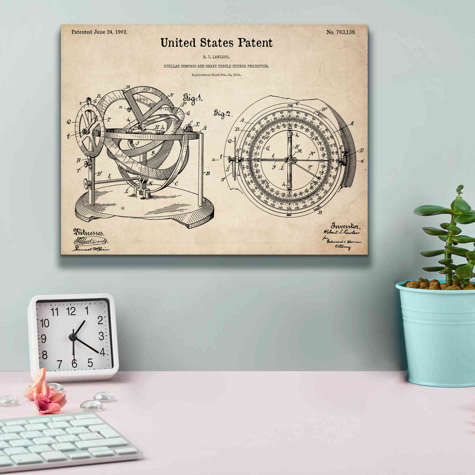 'Stellar Compass Blueprint Patent Parchment,' Canvas Wall Art,16 x 12