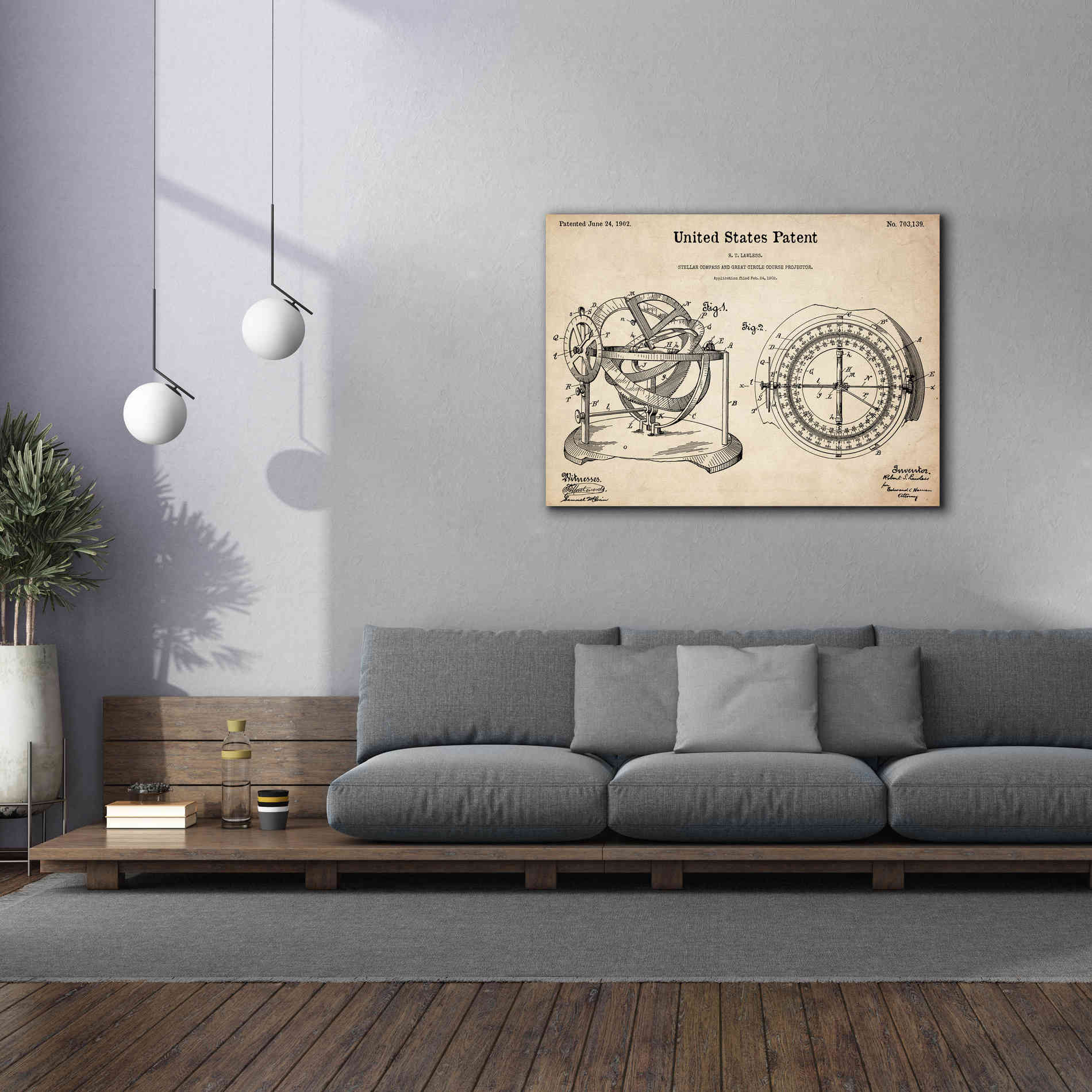 'Stellar Compass Blueprint Patent Parchment,' Canvas Wall Art,54 x 40