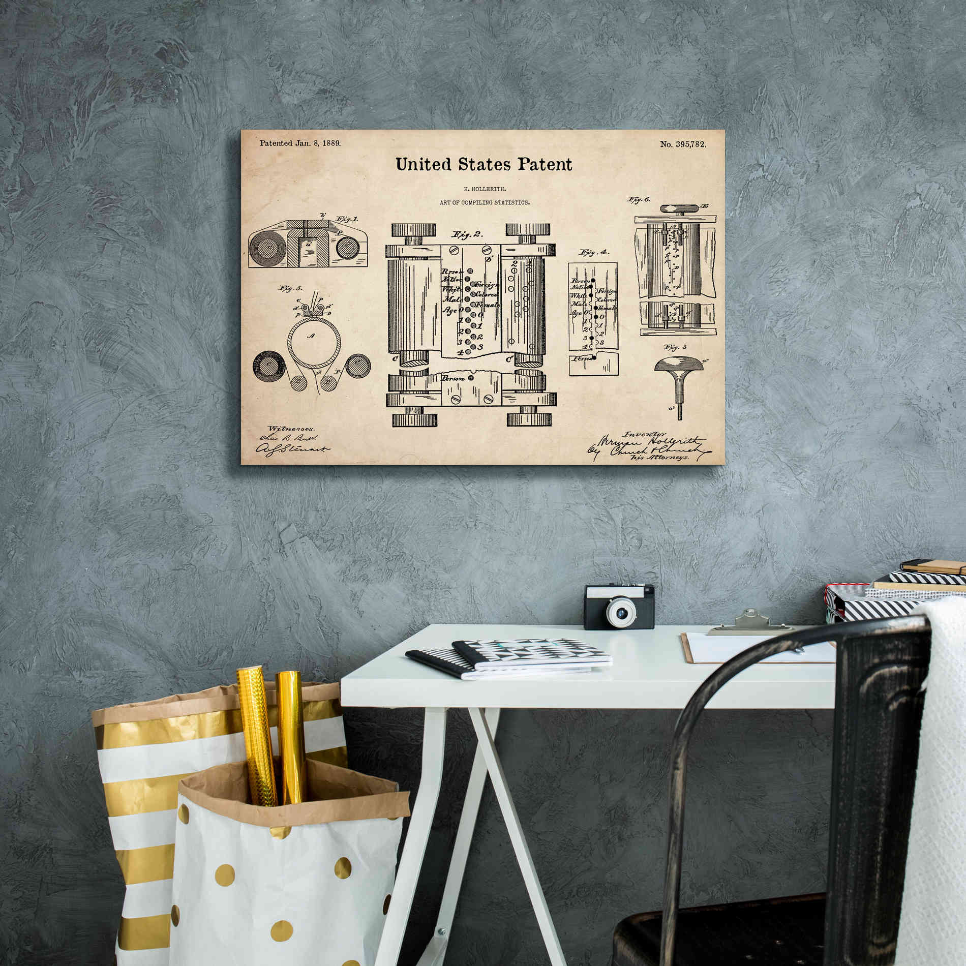 'Tubular Machine Blueprint Patent Parchment,' Canvas Wall Art,26 x 18