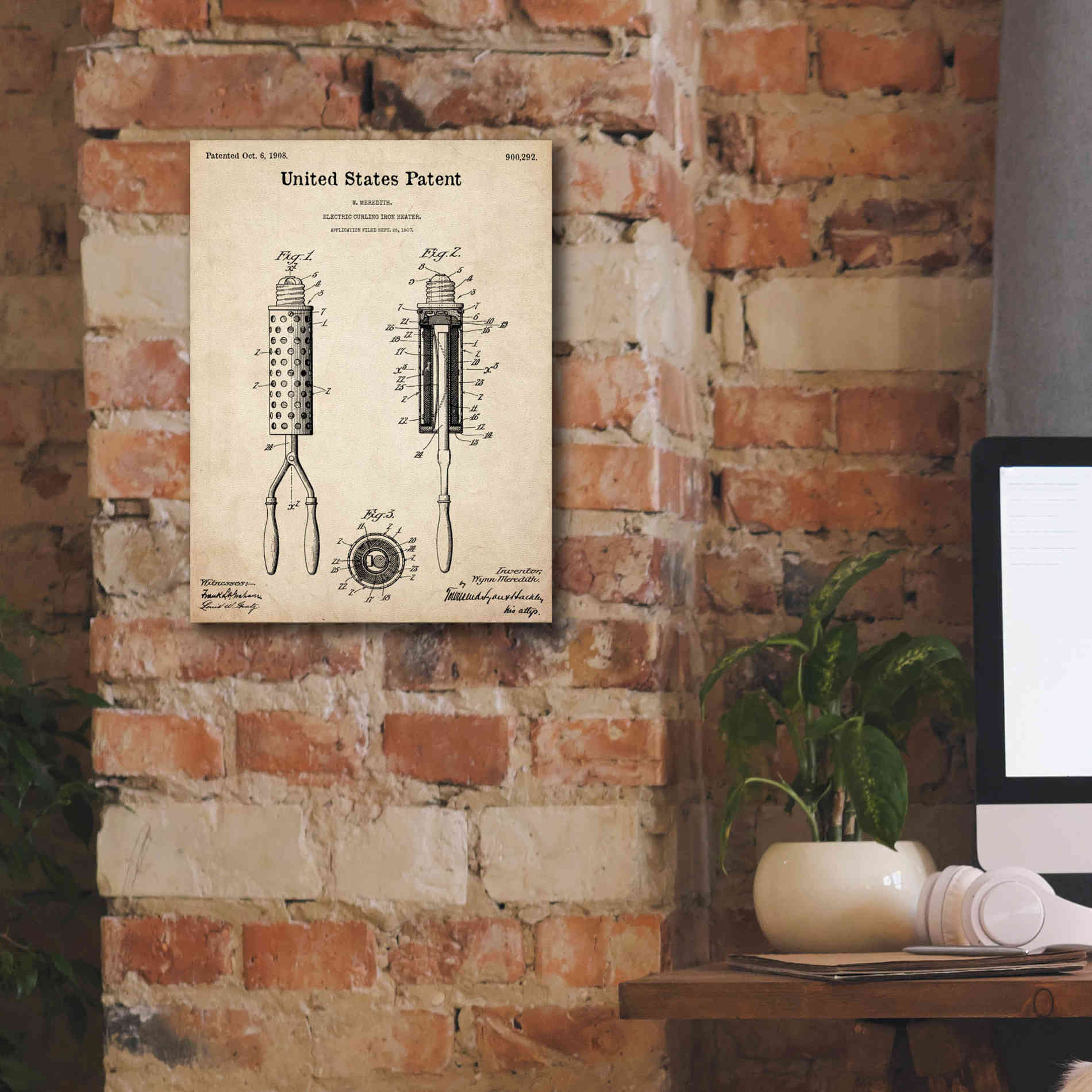 'Curling Iron Blueprint Patent Parchment,' Canvas Wall Art,12 x 16