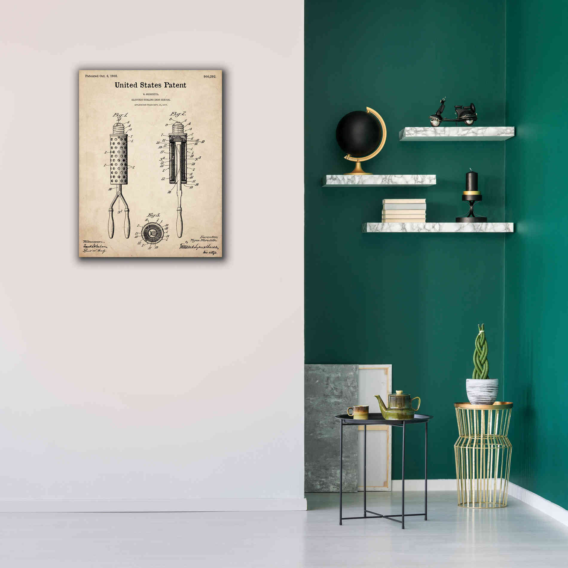 'Curling Iron Blueprint Patent Parchment,' Canvas Wall Art,26 x 34