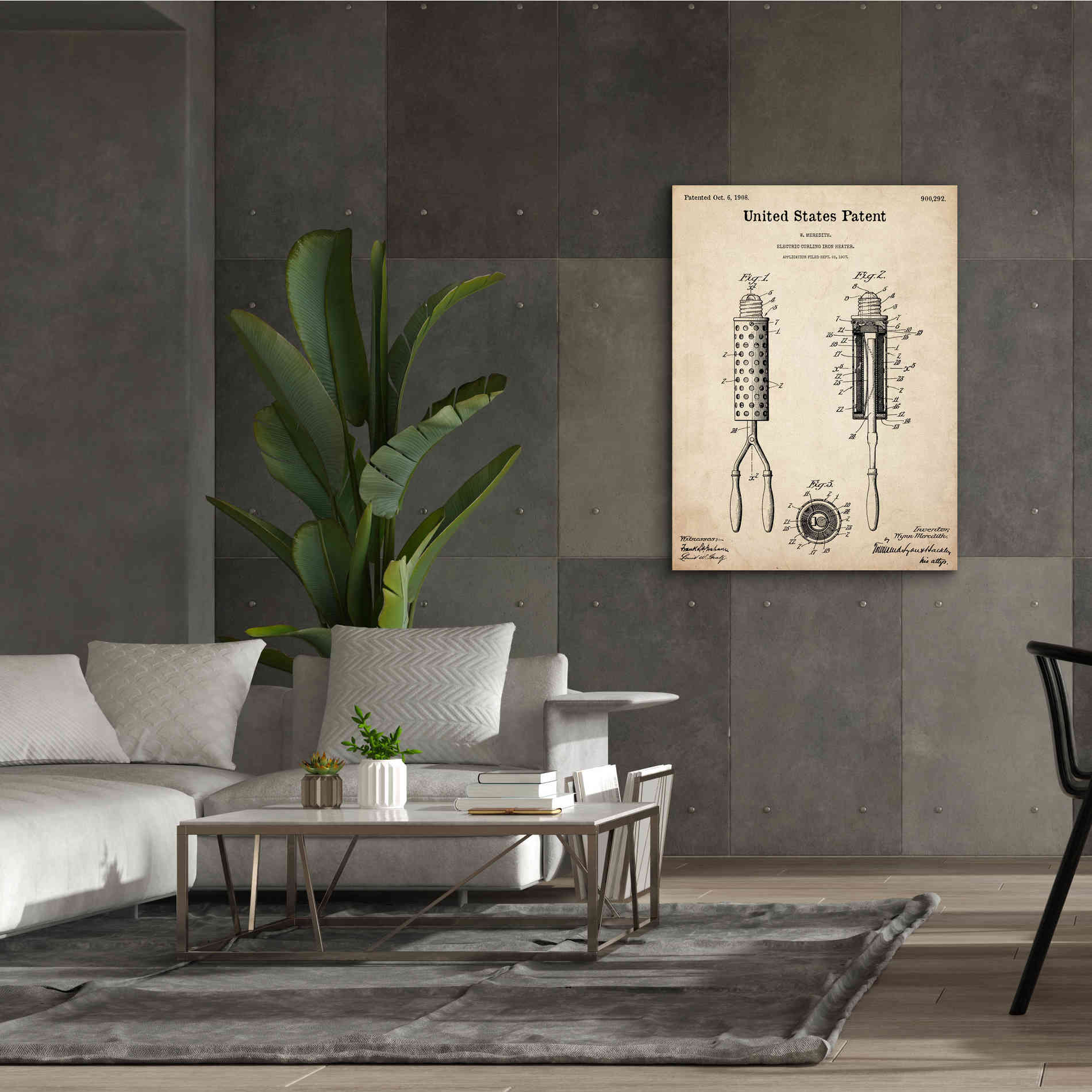 'Curling Iron Blueprint Patent Parchment,' Canvas Wall Art,40 x 54