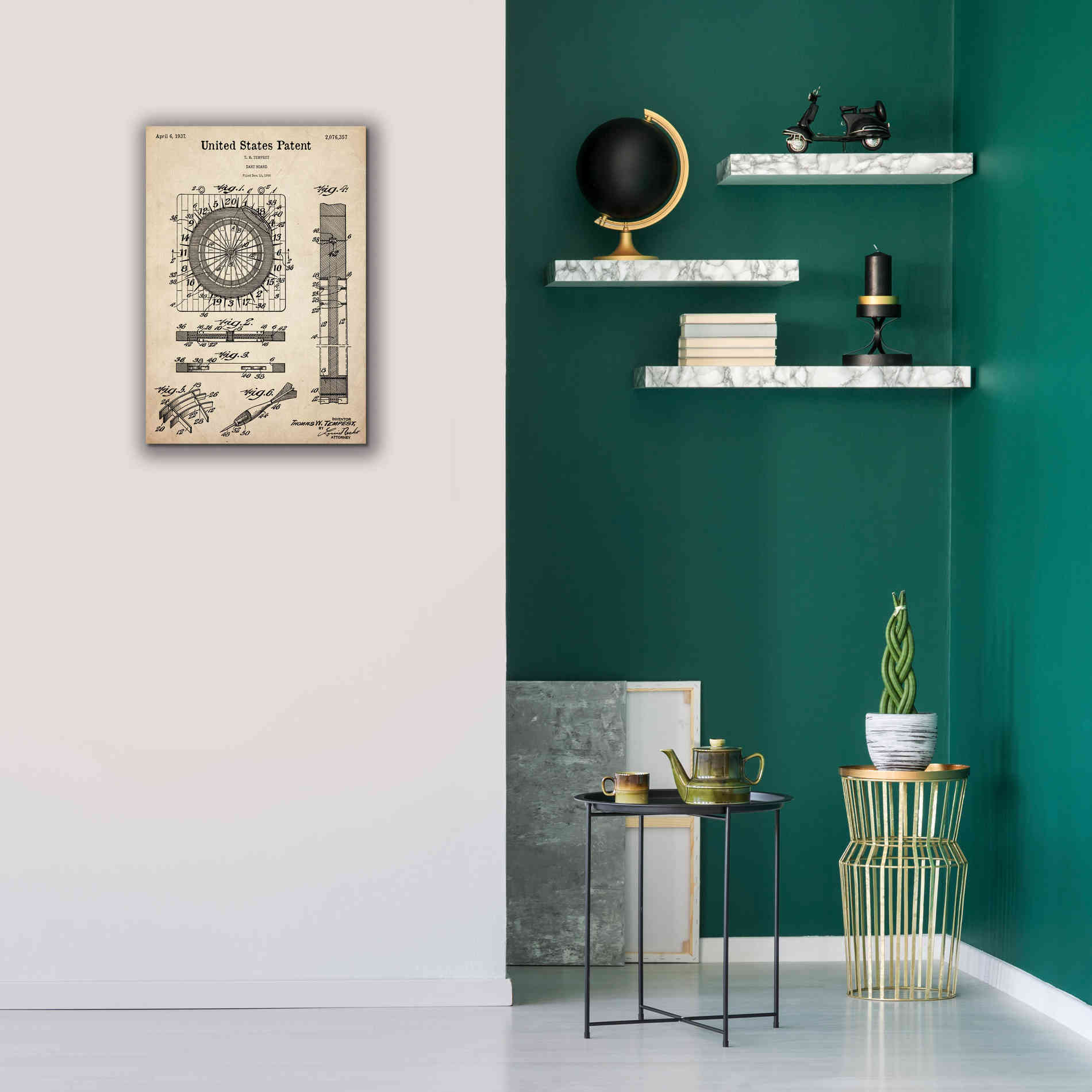 'Darts Game Blueprint Patent Parchment,' Canvas Wall Art,18 x 26