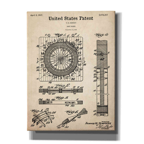 Image of 'Darts Game Blueprint Patent Parchment,' Canvas Wall Art,12x16x1.1x0,18x26x1.1x0,26x34x1.74x0,40x54x1.74x0