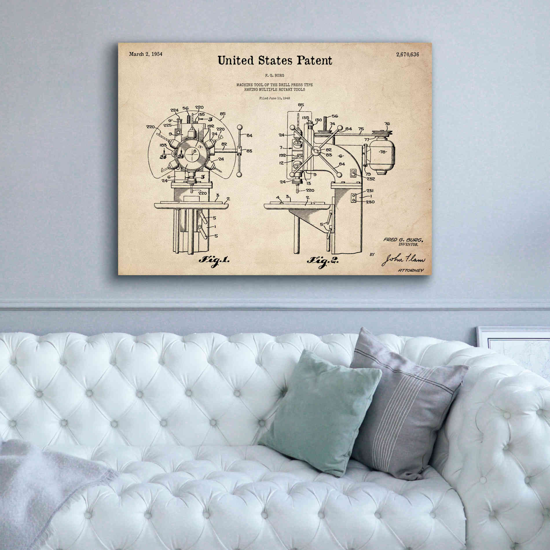 'Drill Press Blueprint Patent Parchment,' Canvas Wall Art,54 x 40