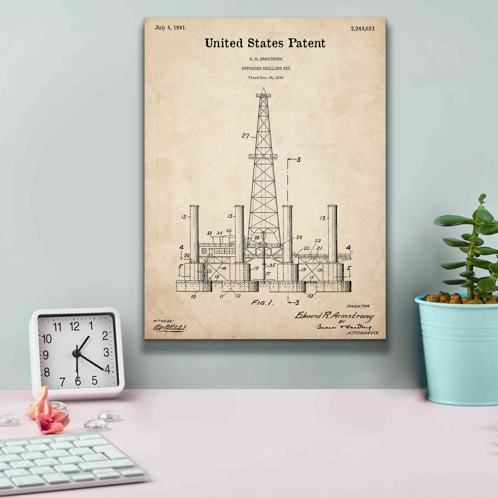 'Drilling Rig Blueprint Patent Parchment,' Canvas Wall Art,12 x 16