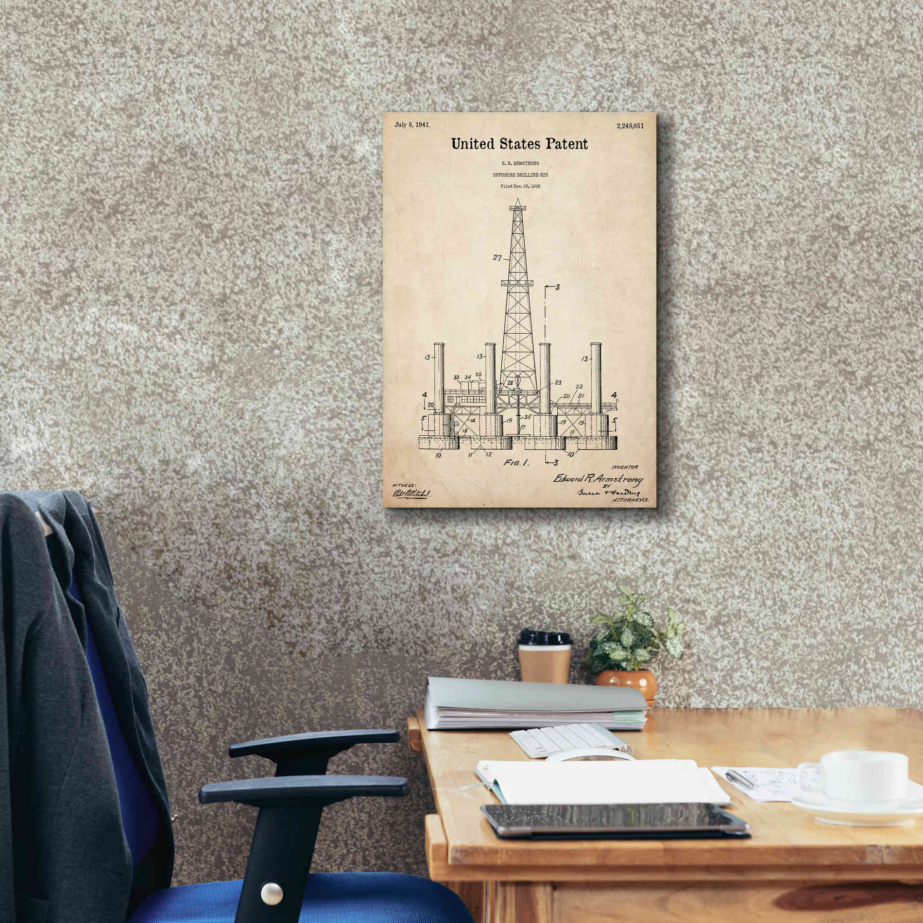'Drilling Rig Blueprint Patent Parchment,' Canvas Wall Art,18 x 26
