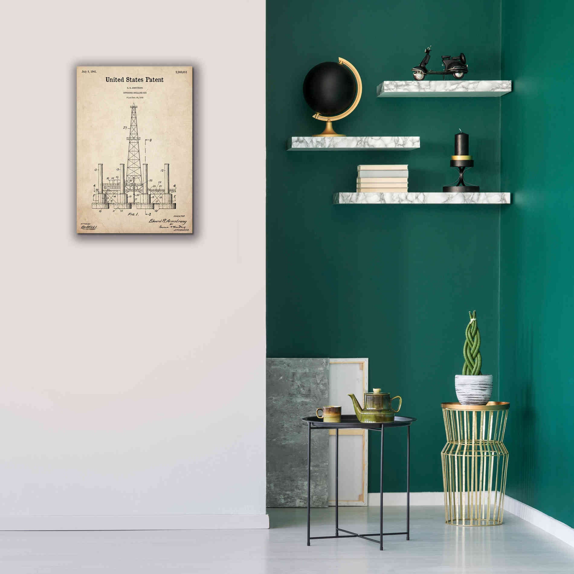 'Drilling Rig Blueprint Patent Parchment,' Canvas Wall Art,18 x 26