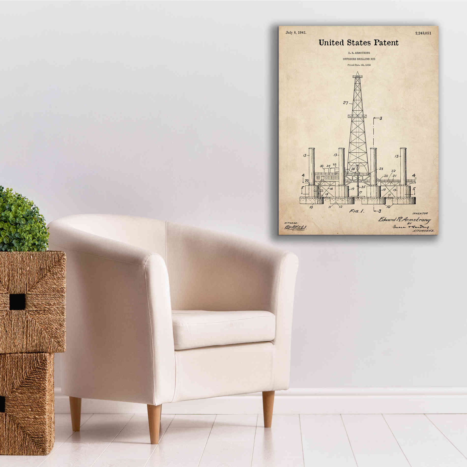 'Drilling Rig Blueprint Patent Parchment,' Canvas Wall Art,26 x 34