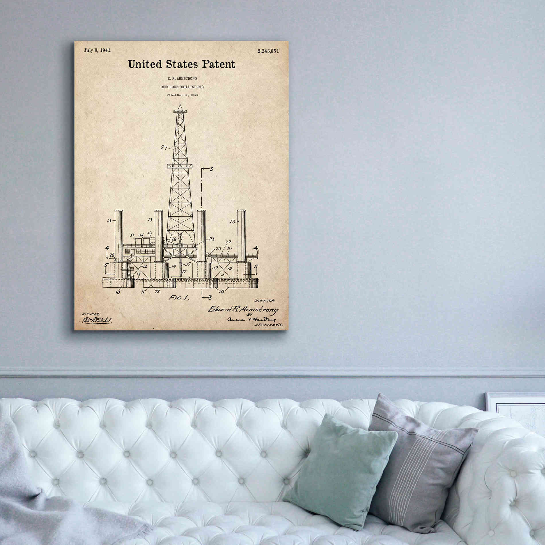 'Drilling Rig Blueprint Patent Parchment,' Canvas Wall Art,40 x 54