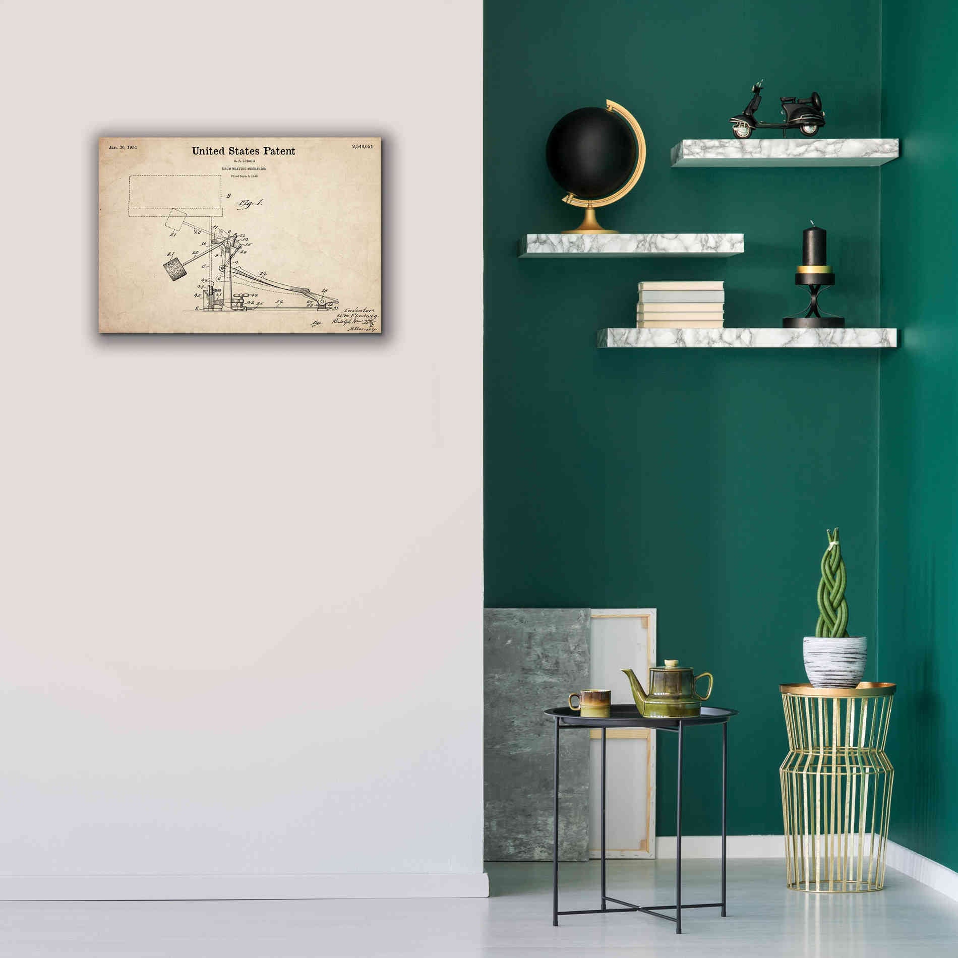 'Drum Beating Mechanism Blueprint Patent Parchment,' Canvas Wall Art,26 x 18