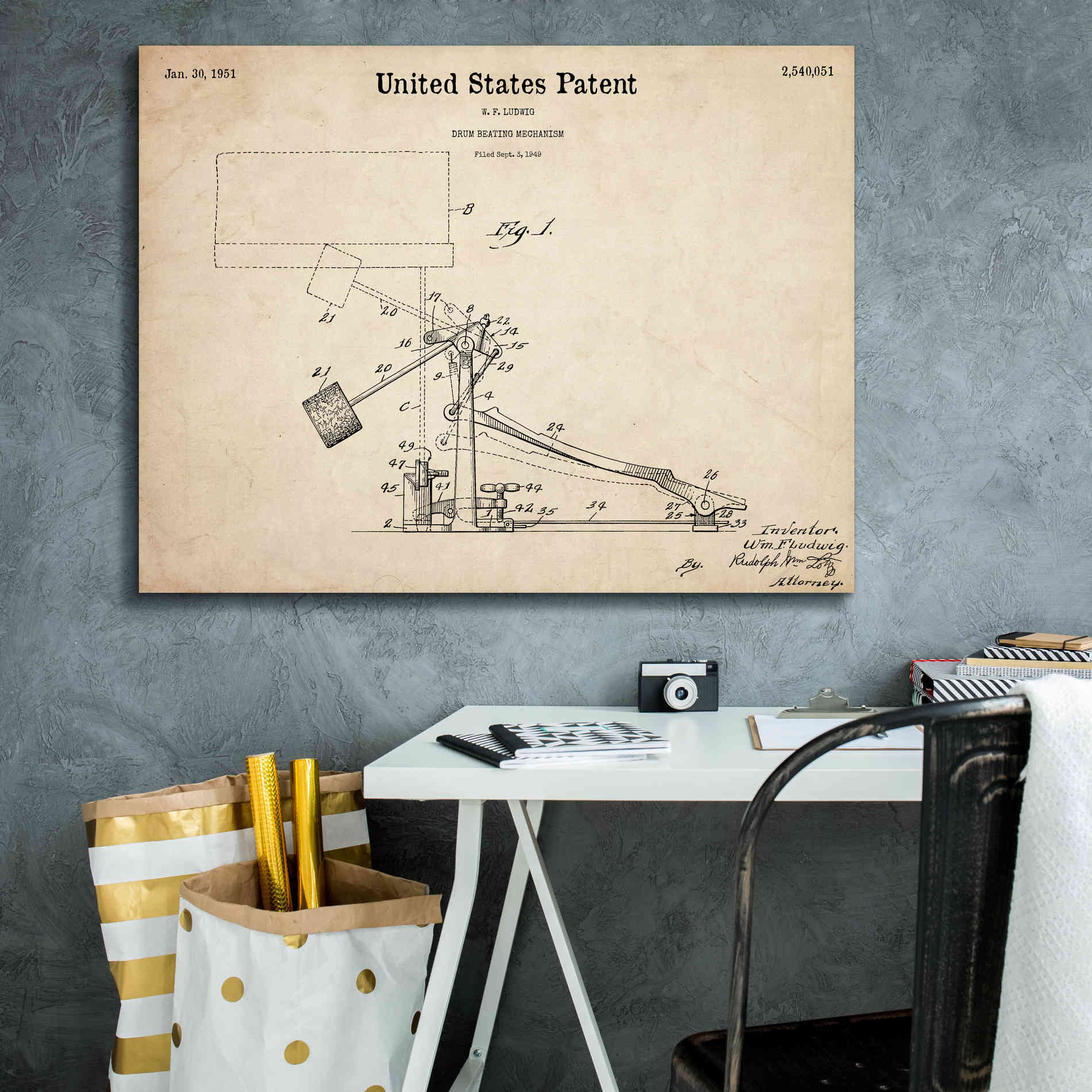 'Drum Beating Mechanism Blueprint Patent Parchment,' Canvas Wall Art,34 x 26