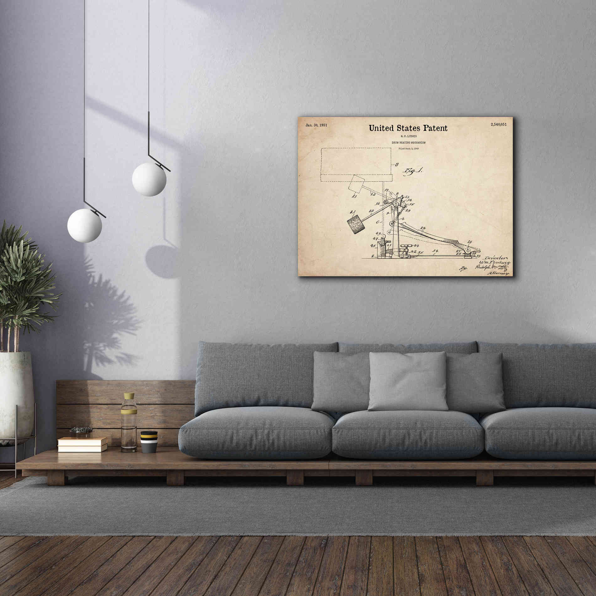'Drum Beating Mechanism Blueprint Patent Parchment,' Canvas Wall Art,54 x 40