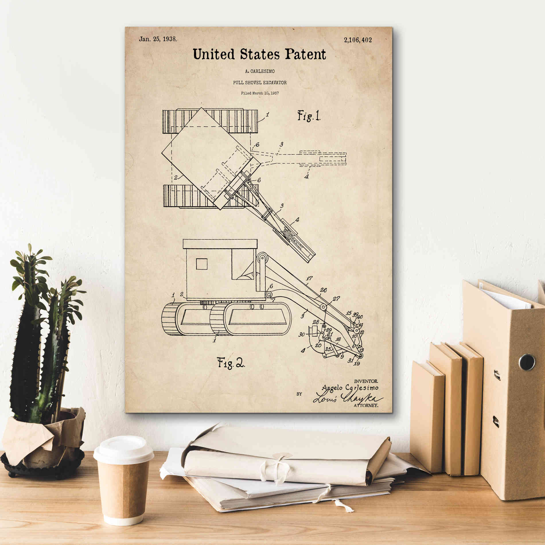 'Pull Shovel Excavator Blueprint Patent Parchment,' Canvas Wall Art,18 x 26