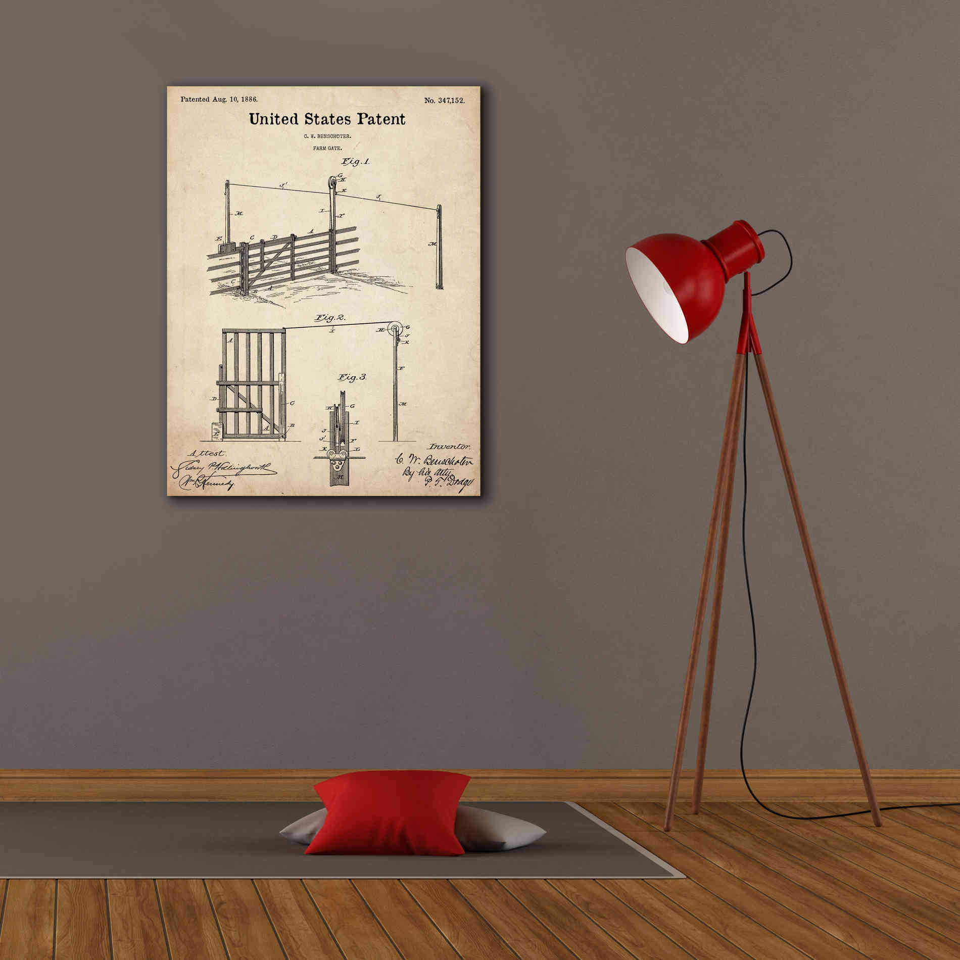 'Farm Gate Blueprint Patent Parchment,' Canvas Wall Art,26 x 34