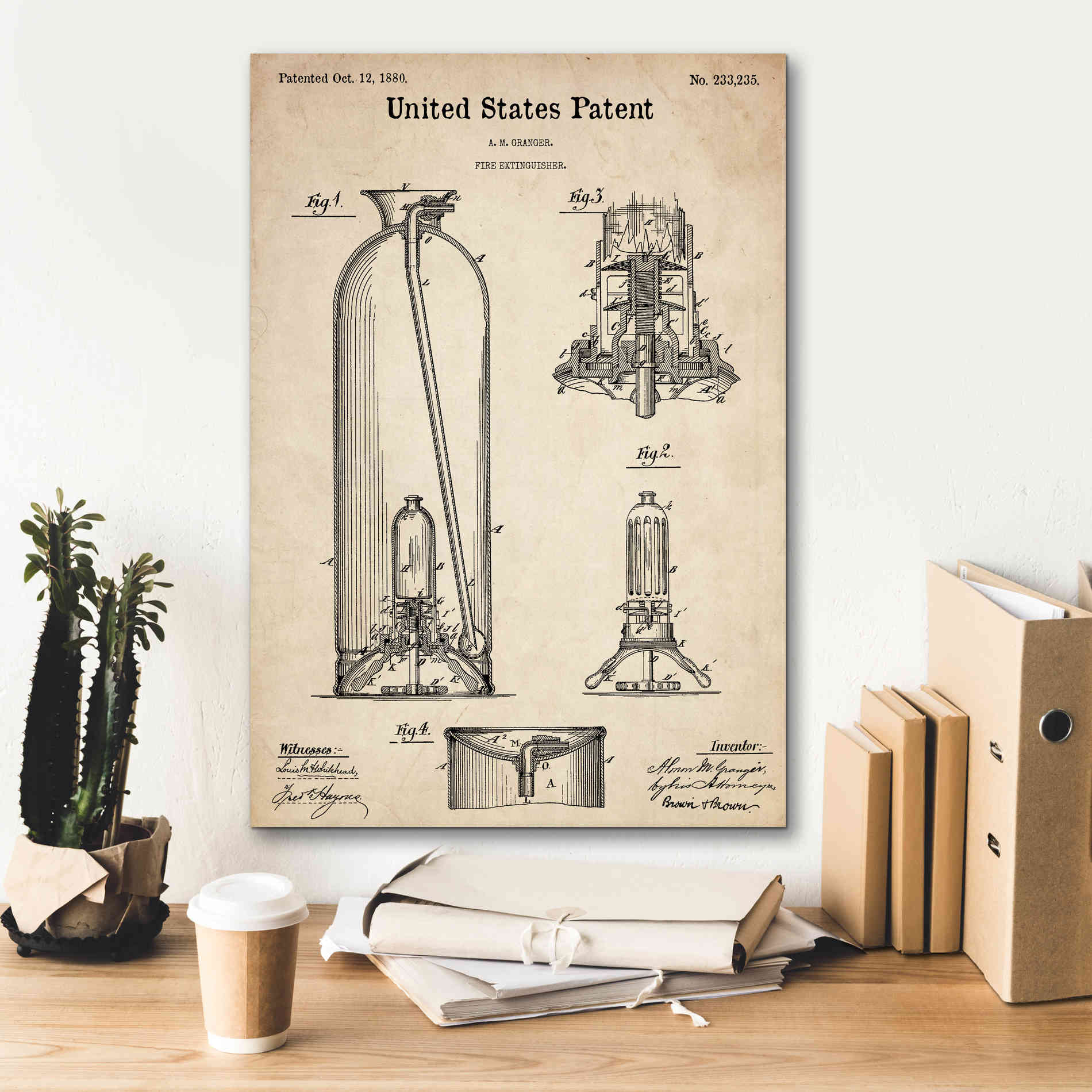 'Fire Extinguisher Blueprint Patent Parchment,' Canvas Wall Art,18 x 26
