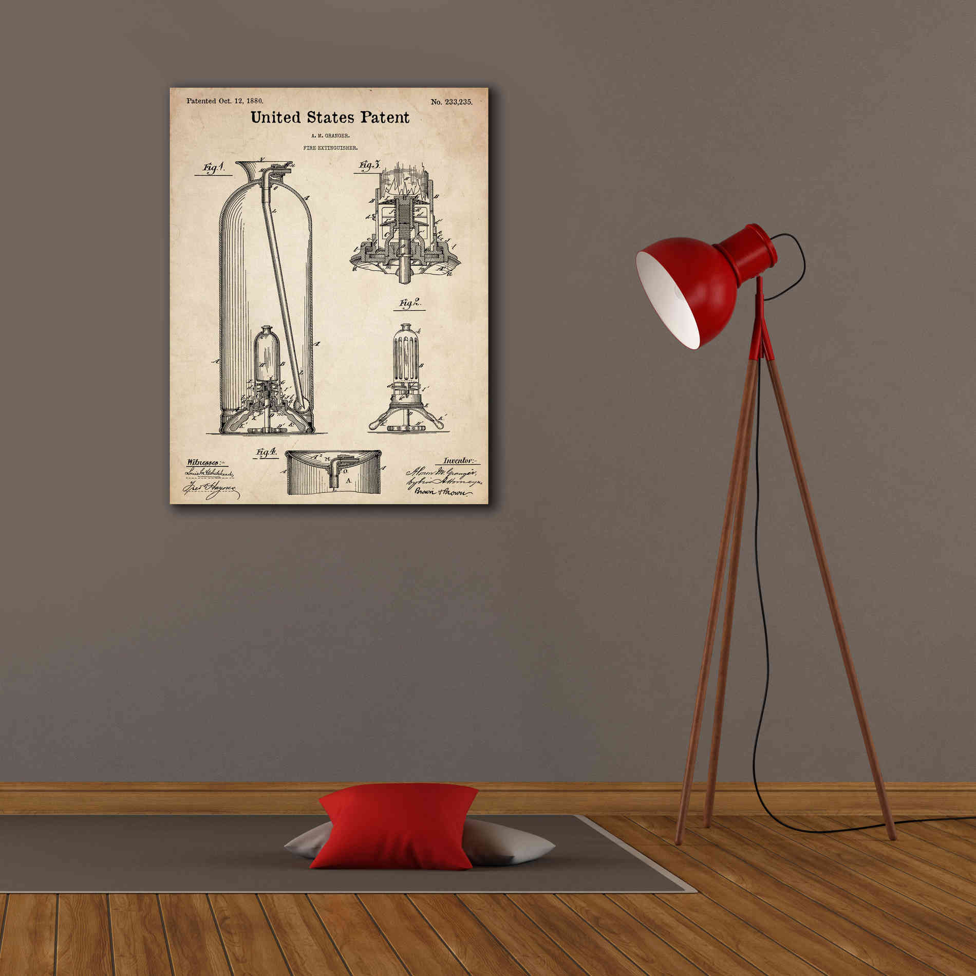 'Fire Extinguisher Blueprint Patent Parchment,' Canvas Wall Art,26 x 34