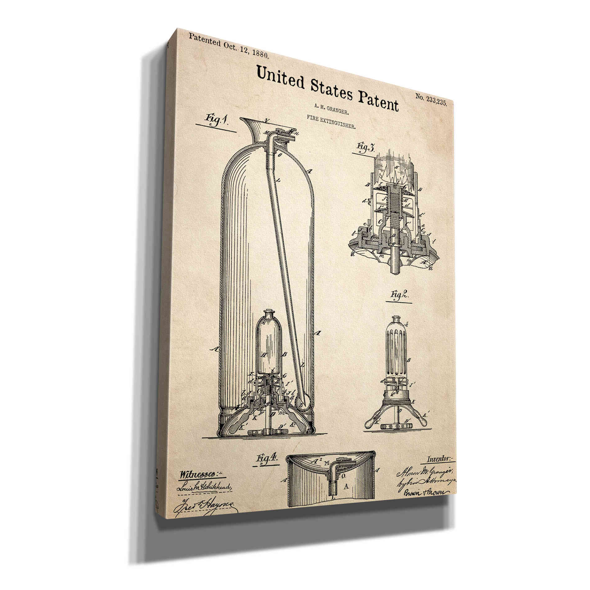 'Fire Extinguisher Blueprint Patent Parchment,' Canvas Wall Art,12x16x1.1x0,18x26x1.1x0,26x34x1.74x0,40x54x1.74x0