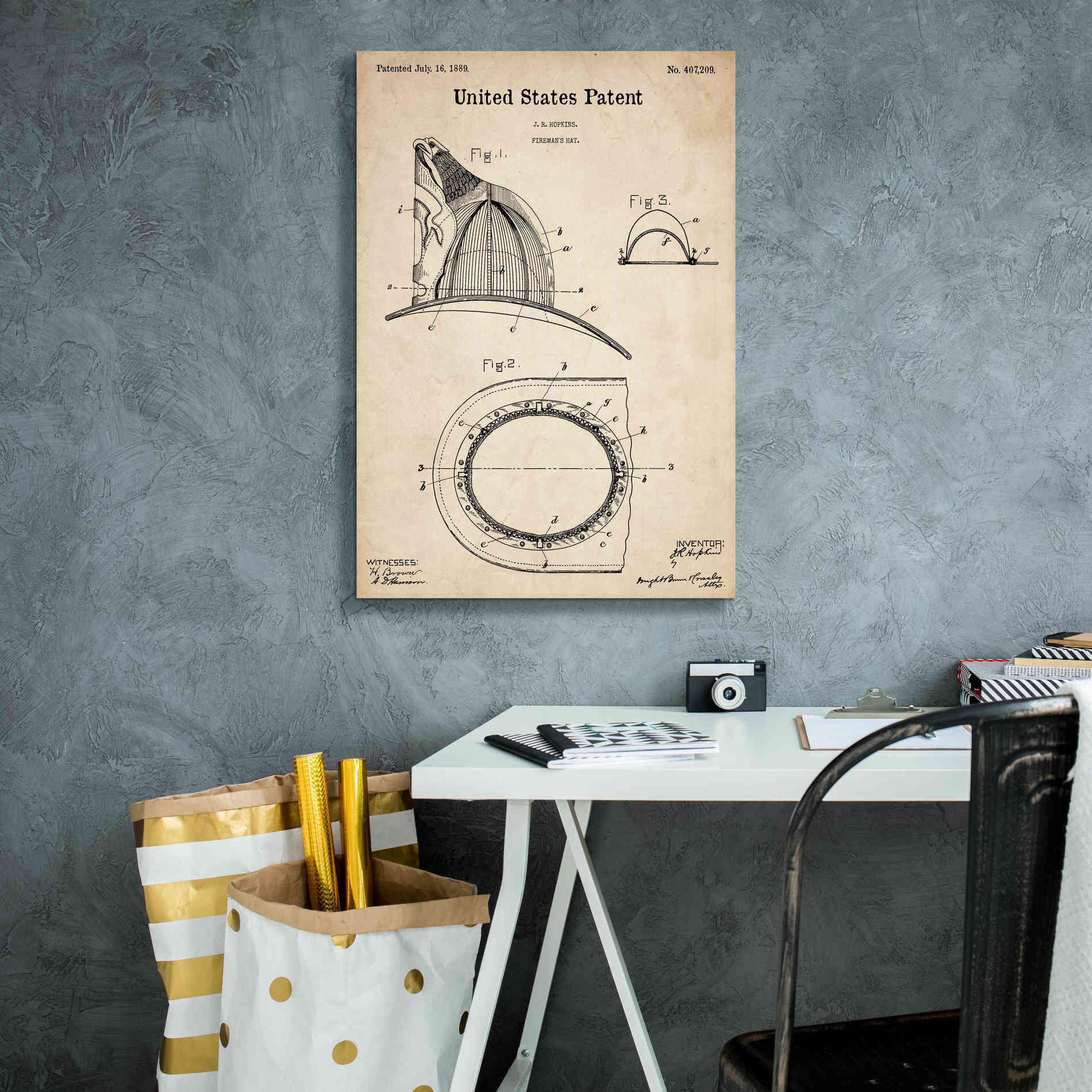 'Fireman's Hat Blueprint Patent Parchment,' Canvas Wall Art,18 x 26