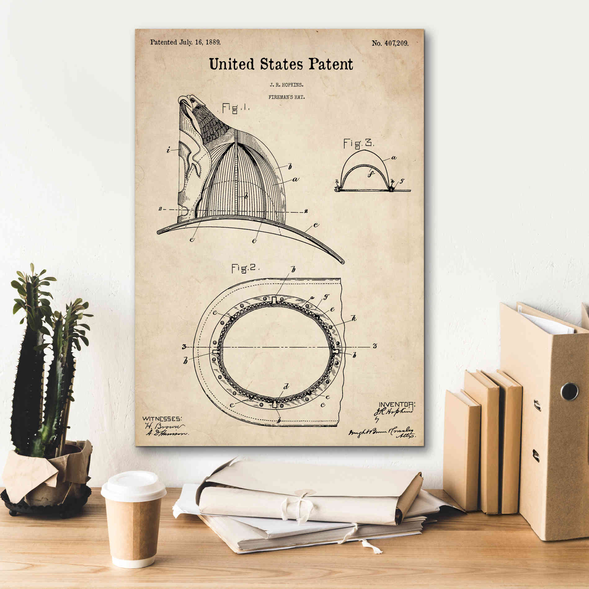 'Fireman's Hat Blueprint Patent Parchment,' Canvas Wall Art,18 x 26