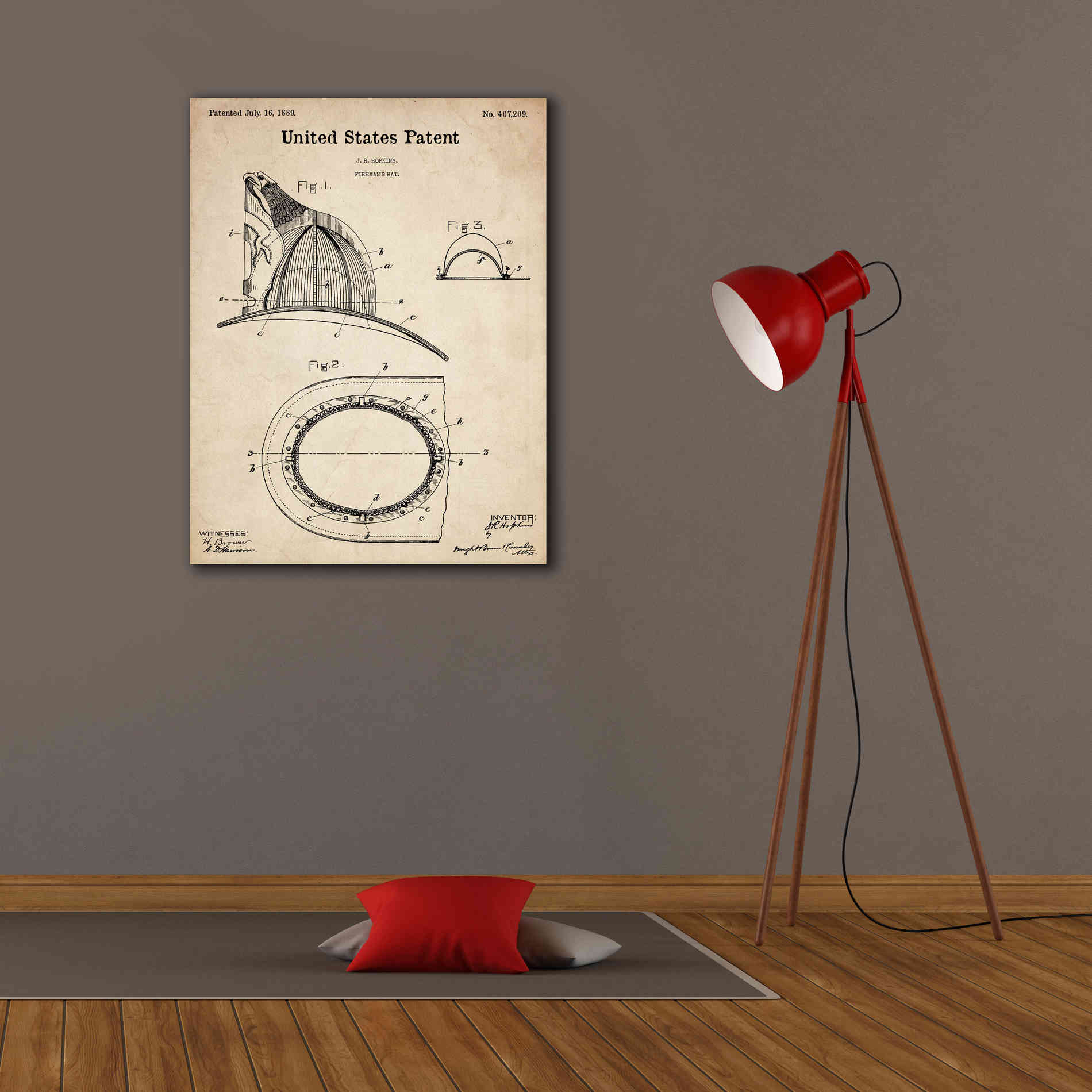 'Fireman's Hat Blueprint Patent Parchment,' Canvas Wall Art,26 x 34