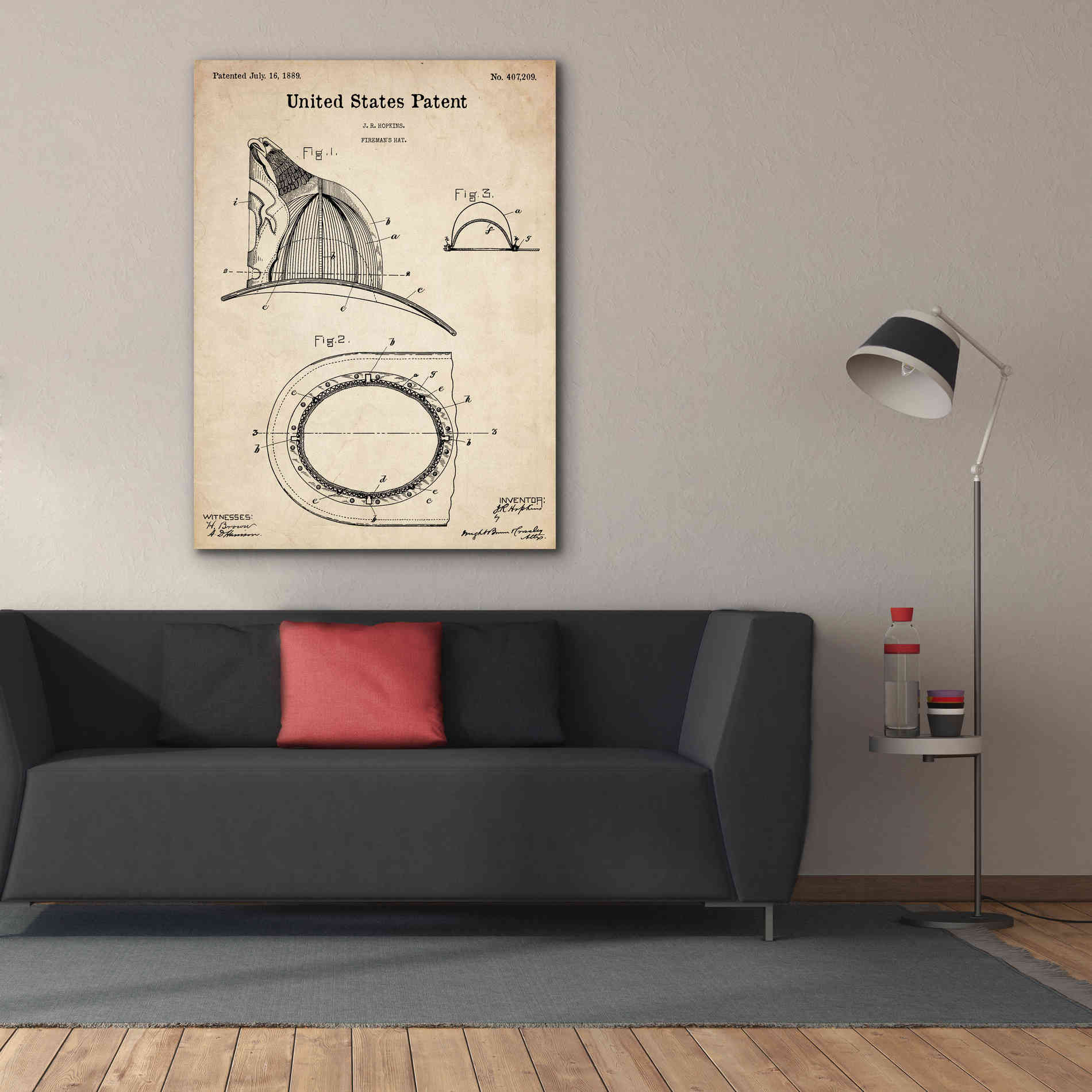 'Fireman's Hat Blueprint Patent Parchment,' Canvas Wall Art,40 x 54