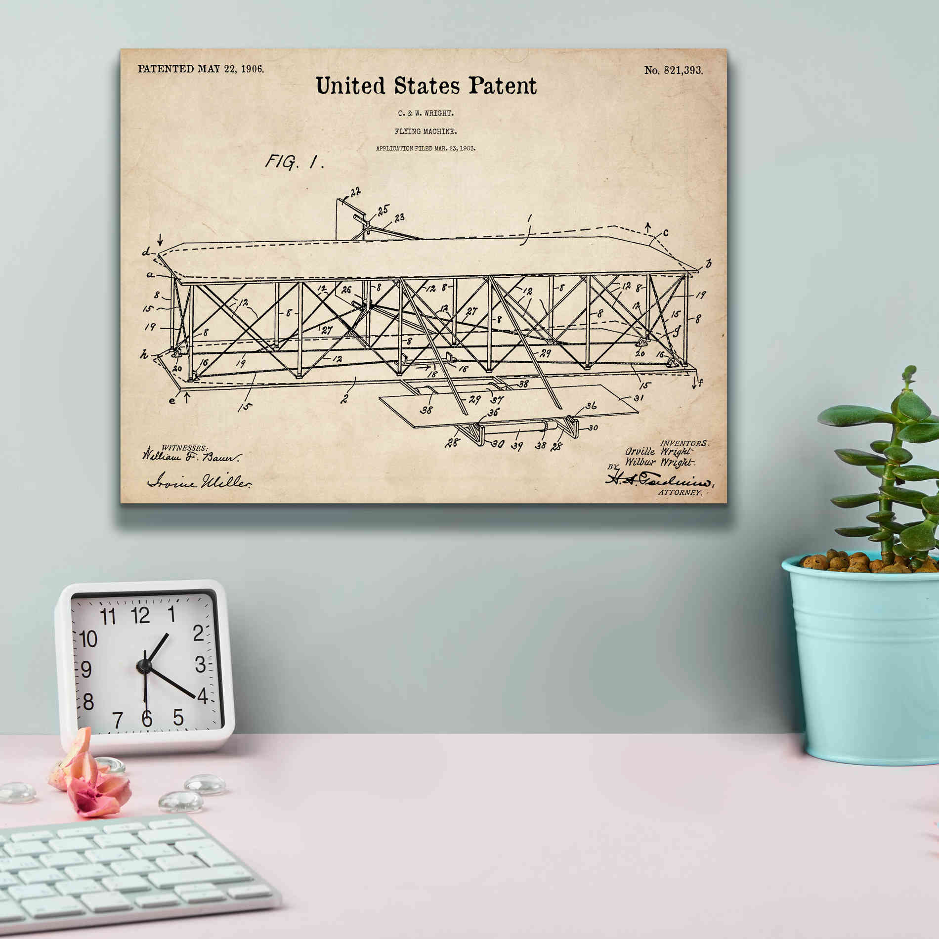 'Wright Bros. Flying Machine Blueprint Patent Parchment,' Canvas Wall Art,16 x 12